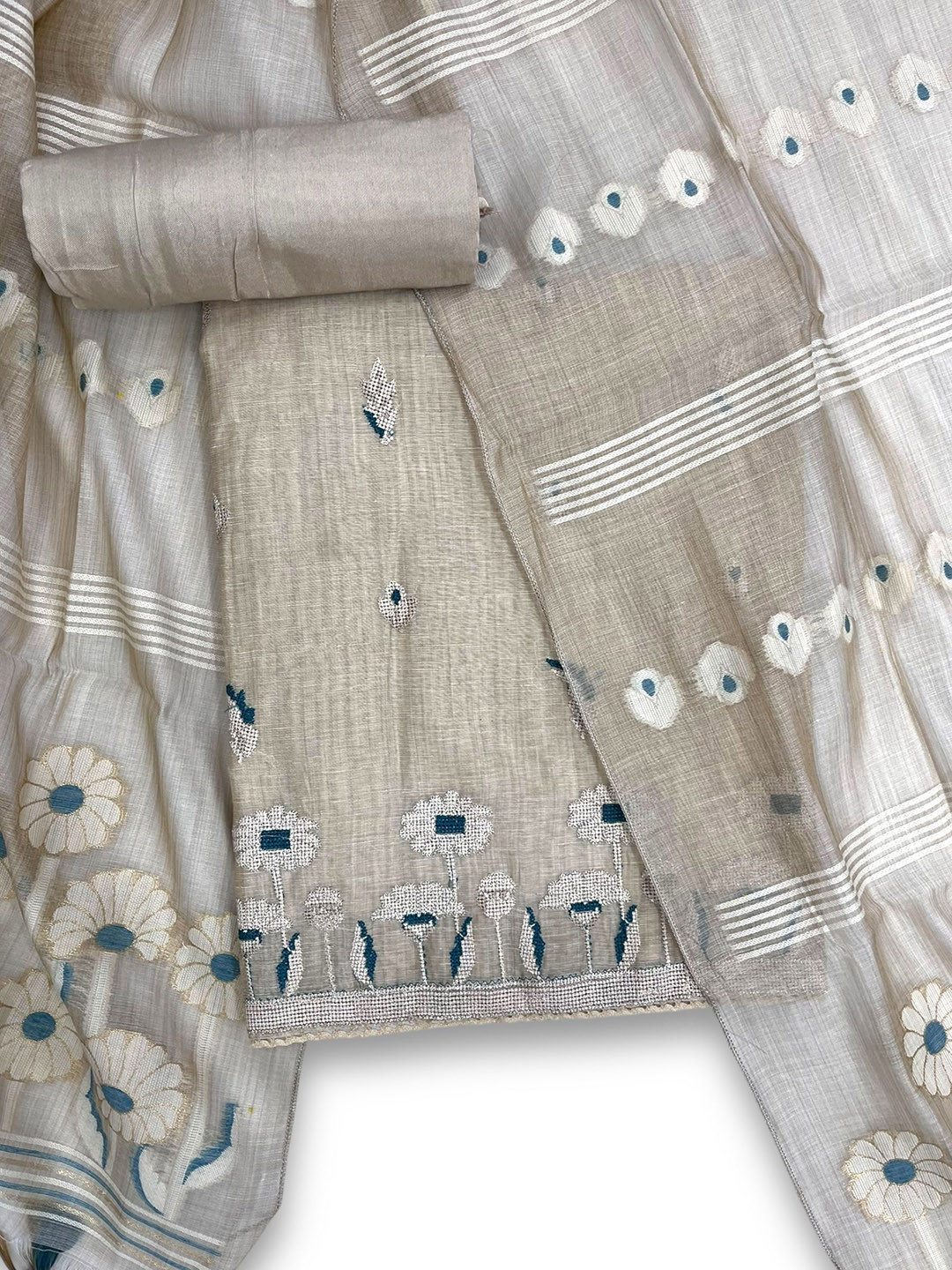 D tales Floral Embroidered Thread Work Linen Unstitched Dress Material