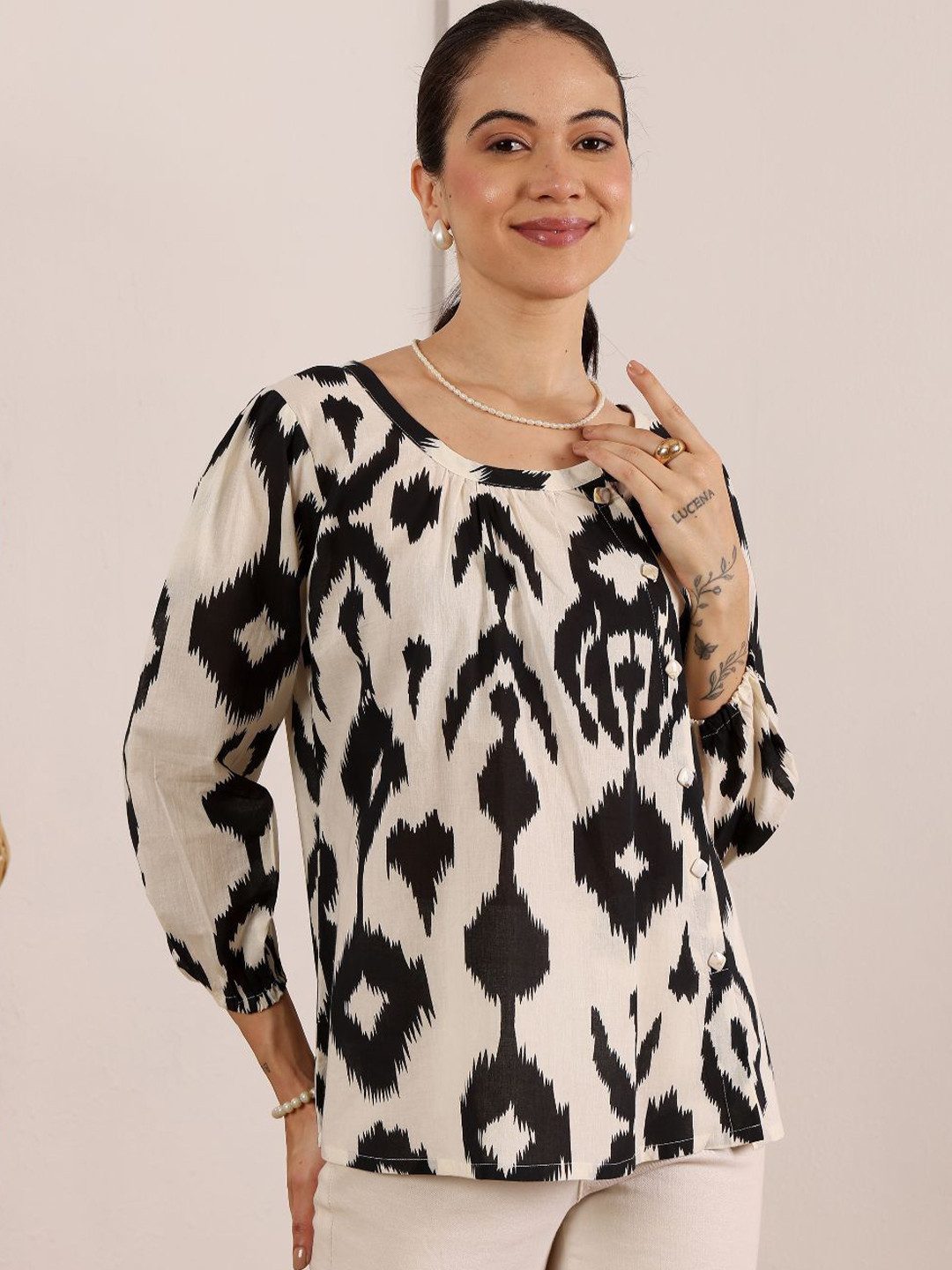 Lative Colours of Fashion Raabta Ikat Printed Puff Sleeve Cotton Monochrome Top