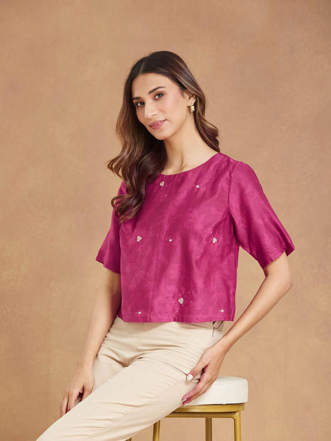 Fabindia Embellished  Pink Cotton  Top