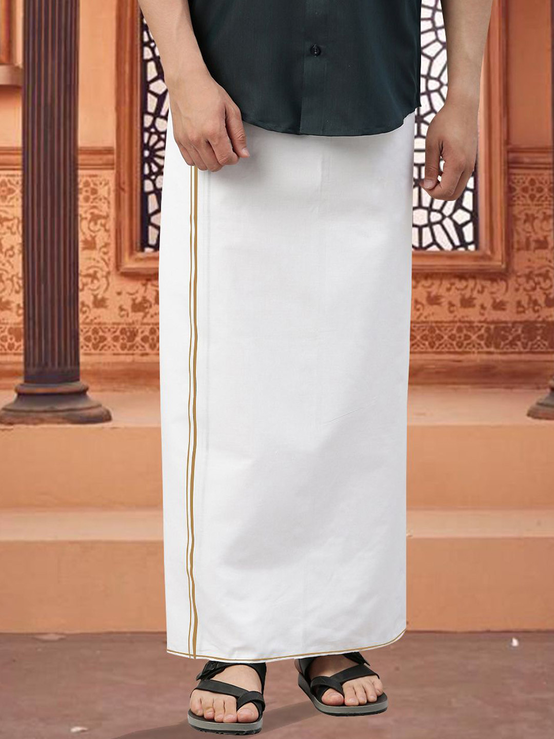 WHITE HEART Pure Cotton Single Layer Dhoti with Coloured Border