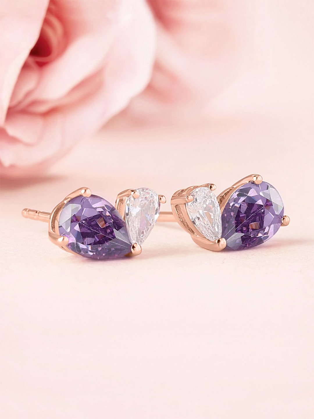 Ornate Jewels 925 Sterling Silver 18K Rose Gold Plated Amethyst Studded Teardrop Studs