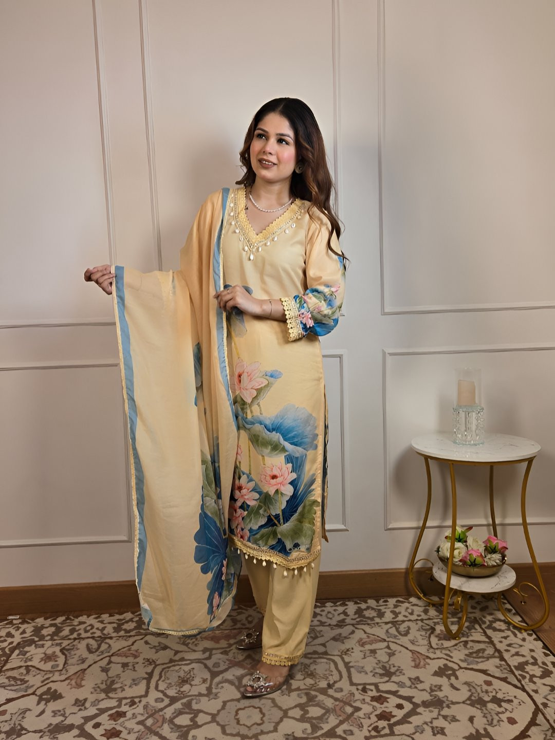 Shop Begum Floral Printed Thread Work Pure Cotton Kurta With Trousers & Dupatta