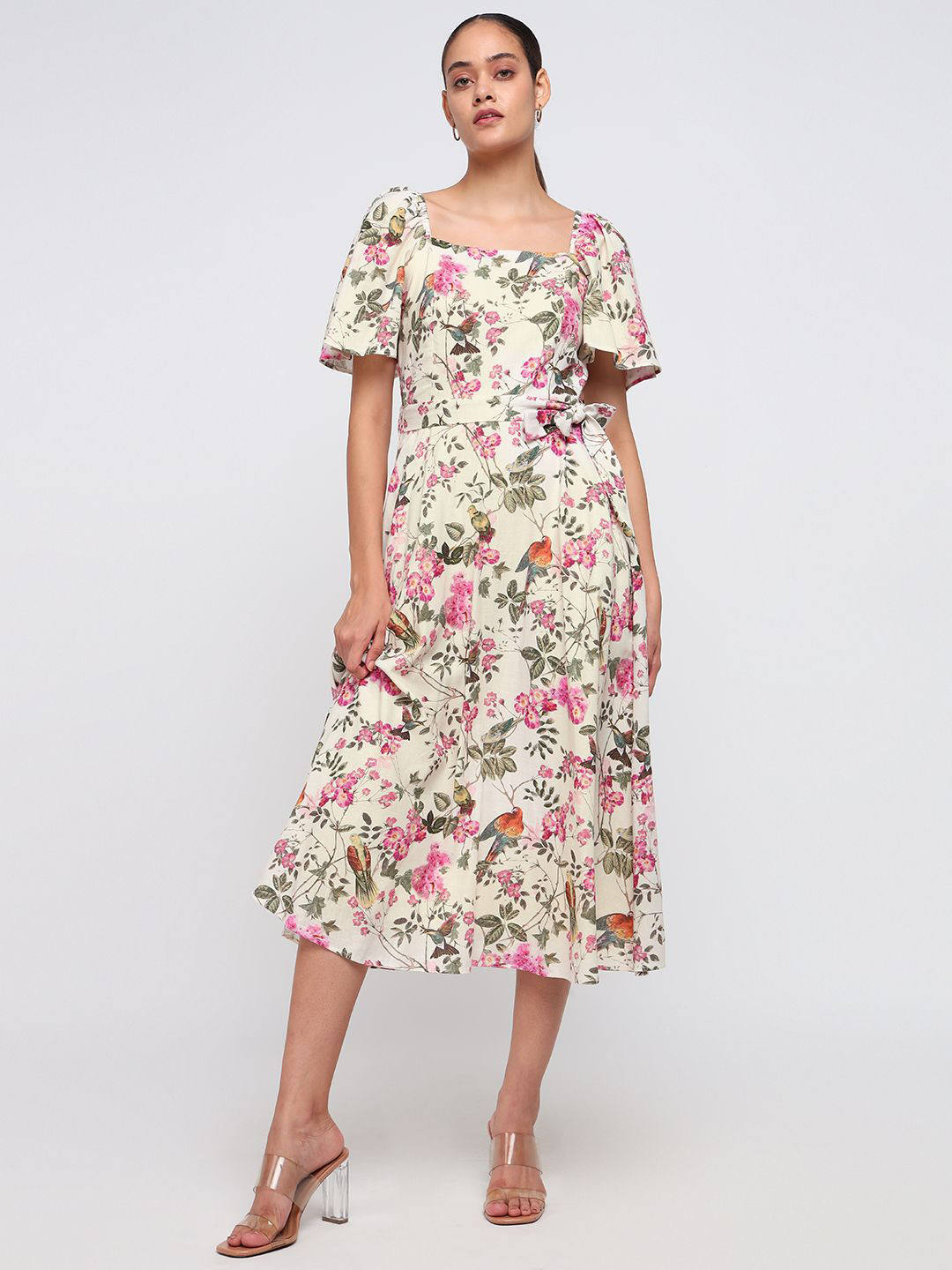COVER STORY Women Floral Printed Smocked A-Line Midi Dress With Belt