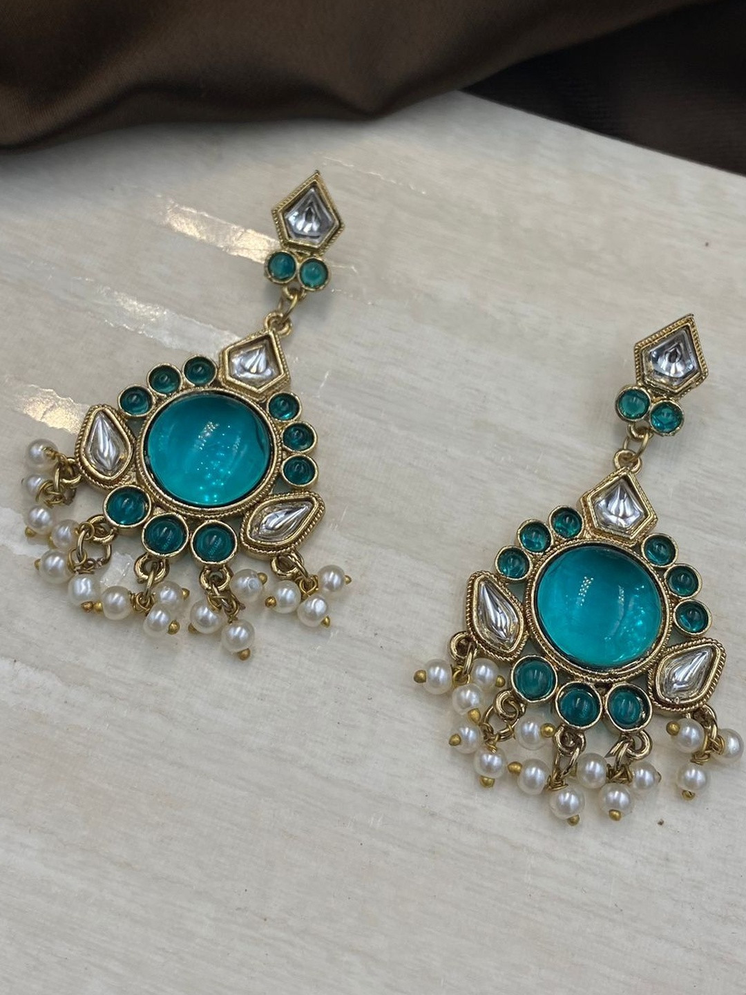 Fashion Theme Women Sea Green Floral Kundan With Pearl Beads Jhumkas Earrings