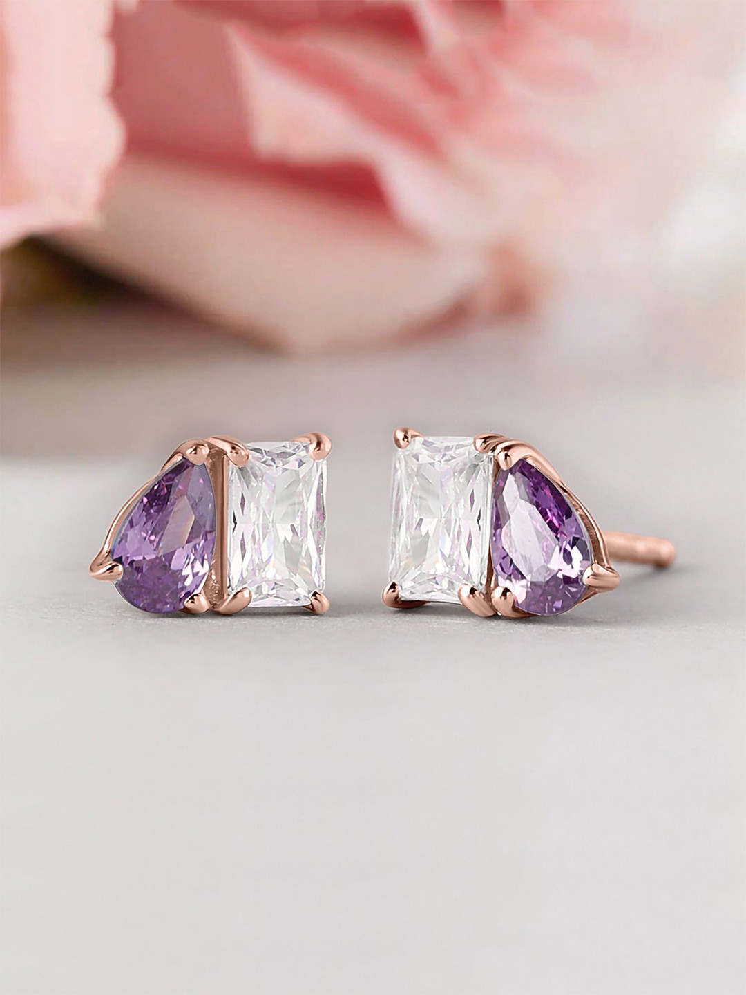 Ornate Jewels 925 Sterling Silver 18K Rose Gold Plated Amethyst Studded Teardrop Studs