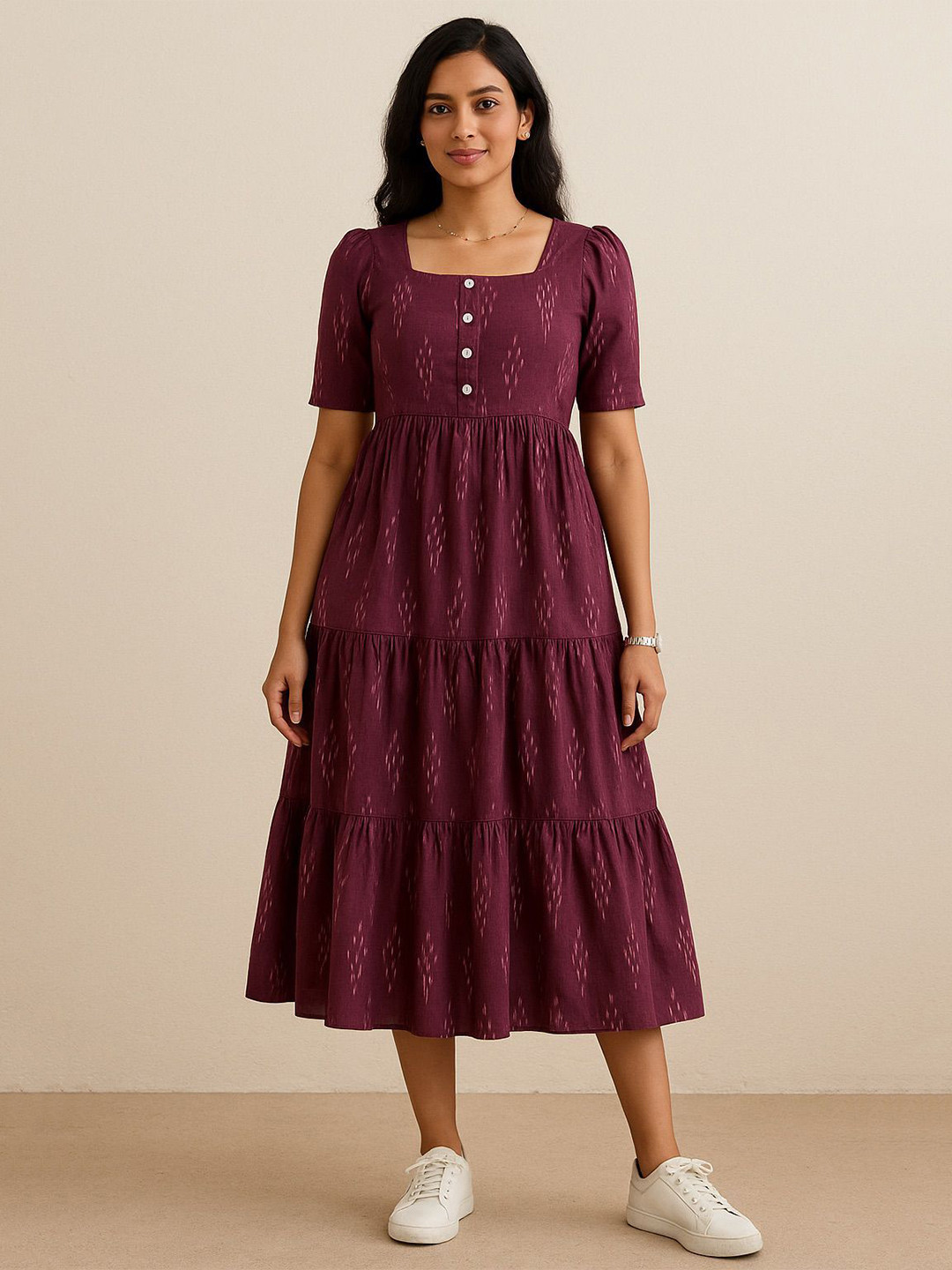 THE WHITE FEATHERS Women Floral Printed Tiered Square Neck Fit and Flare Midi Dress