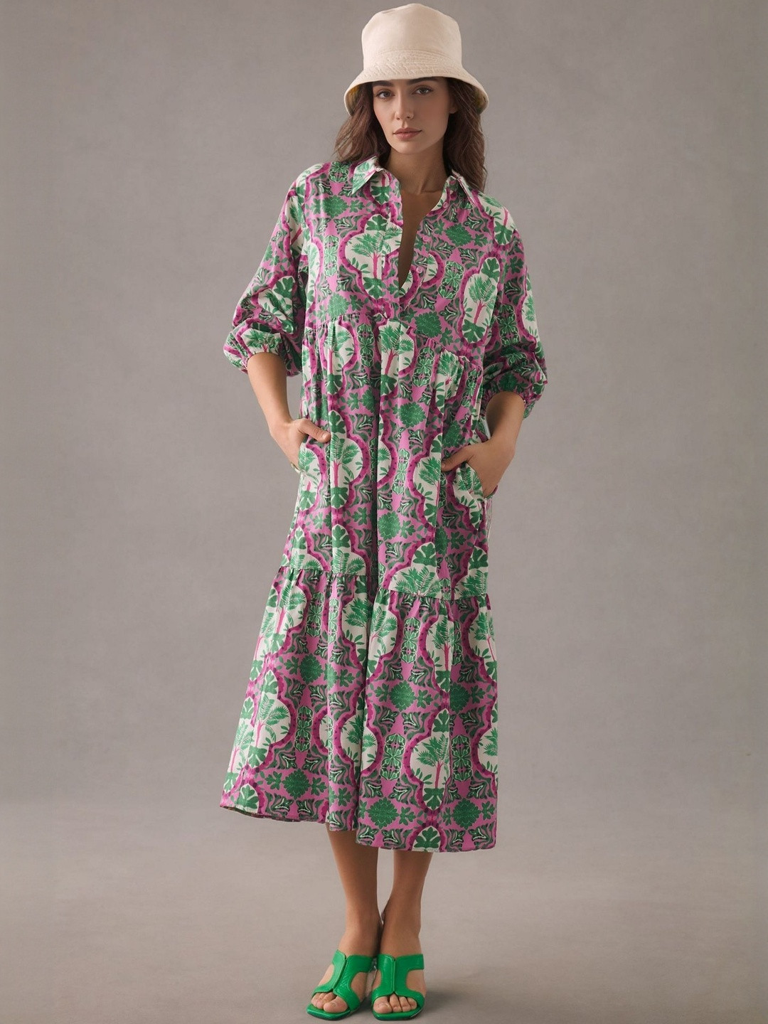 DressBerry Women Pink & Green Tropical Print Puff Sleeve Fit & Flare Maxi Dress