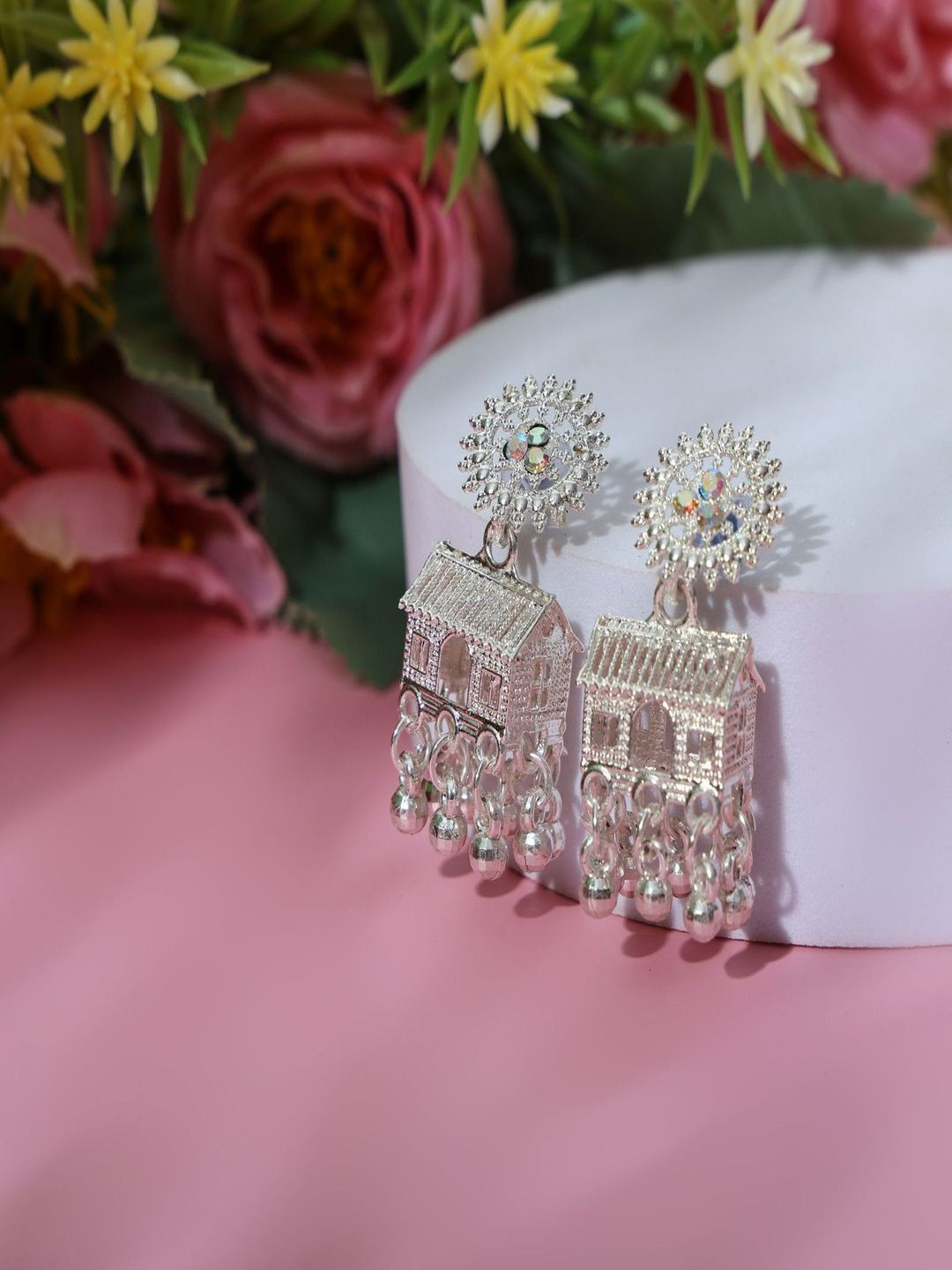 ARTLOOK Silver-Plated Artificial Stones Studded Quirky Shaped Meenakari Drop Earrings