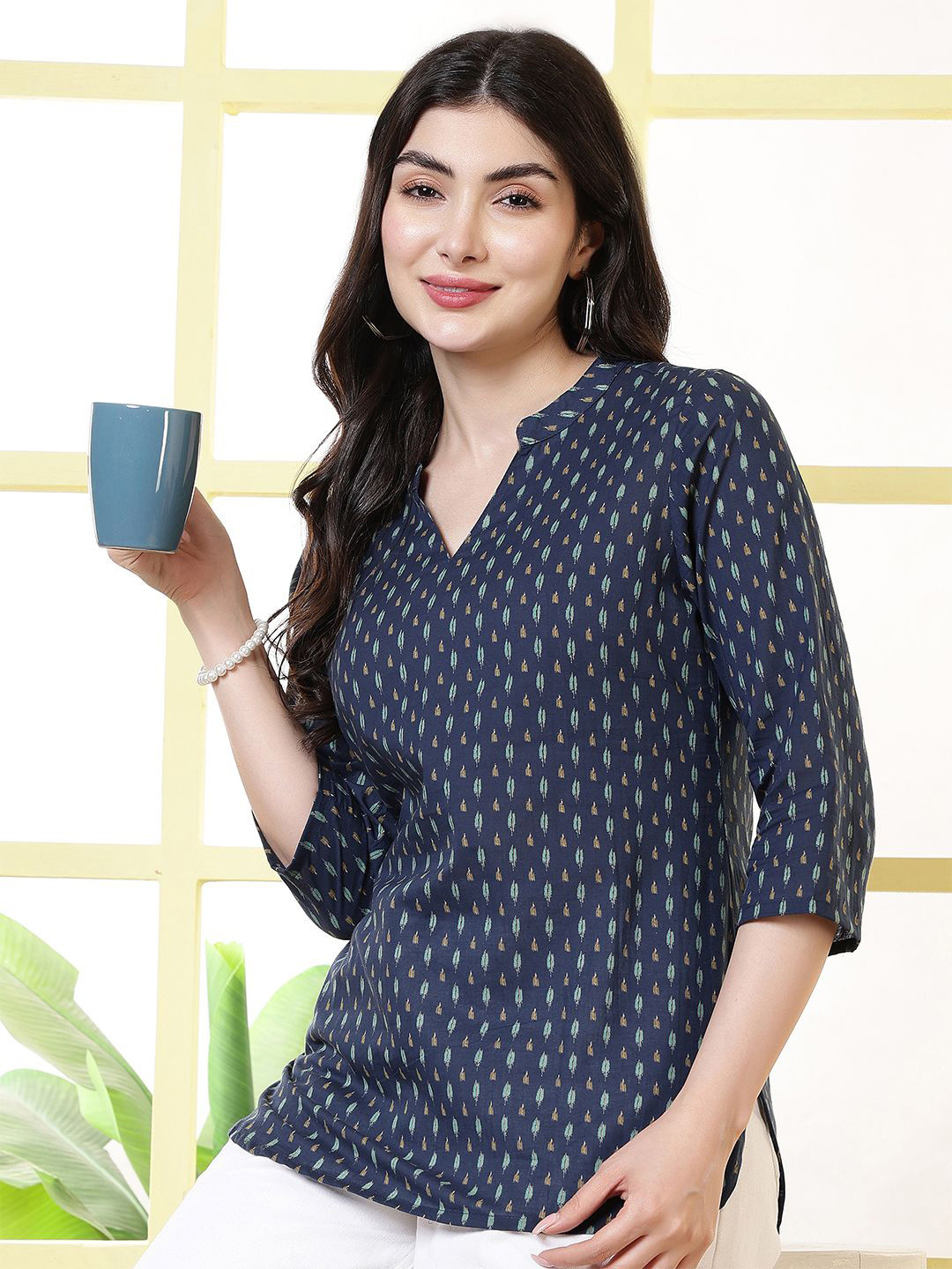 KALAMIR Ethnic Motifs Printed Mandarin Collar Cotton Top