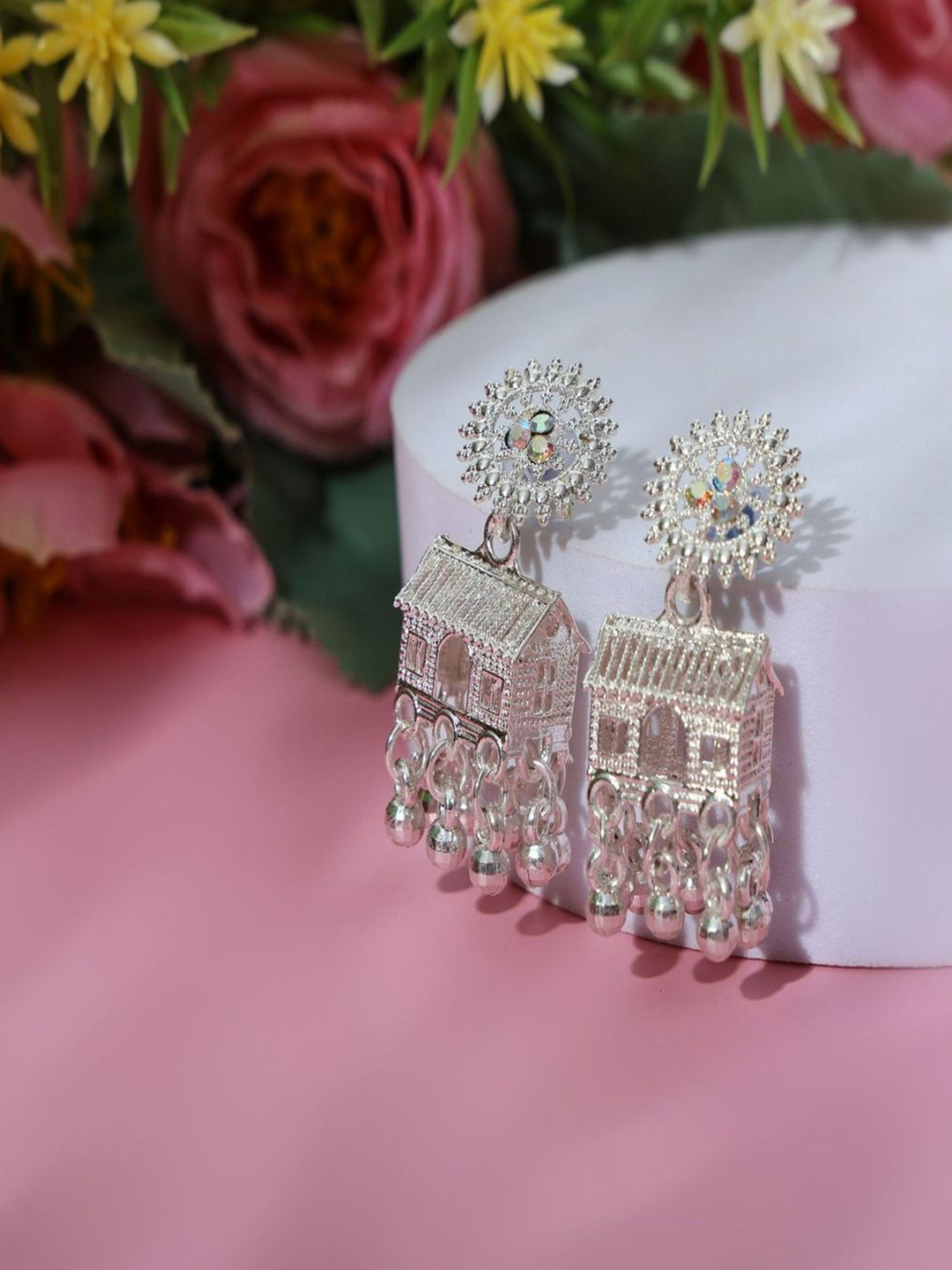 BUZZ COOL Silver-Plated Stones Studded And Ghungroo Beaded Contemporary Shaped Jhumkas