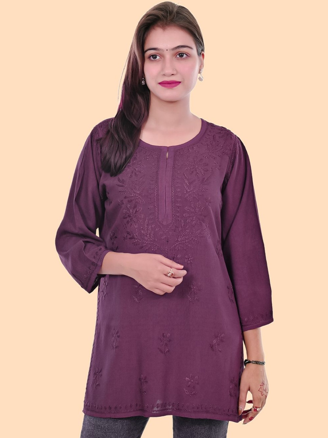 MALABIS Women Purple Saba Dyed Short Rayon Lucknowi Chikankari Kurt