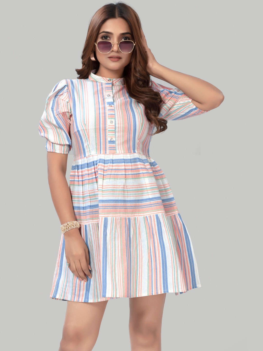 HIALTO Women Cotton Striped Puff Sleeve Fit & Flare Dress