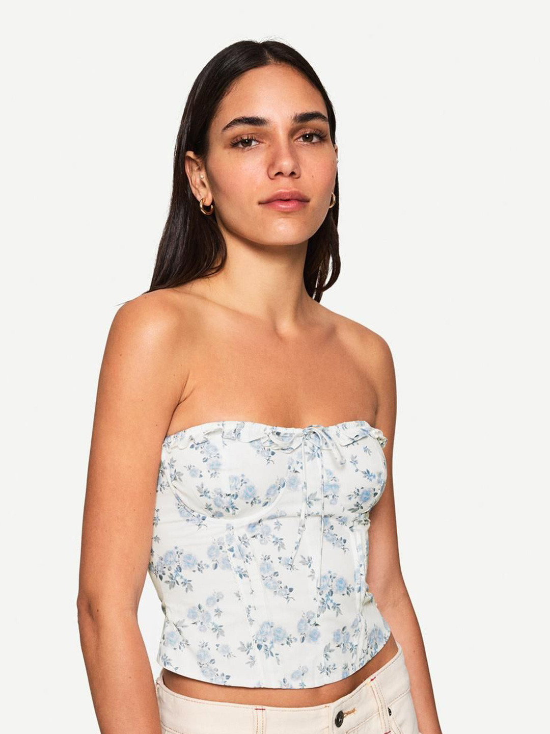 Bershka Floral Printed Poplin Cotton Tube Crop Top