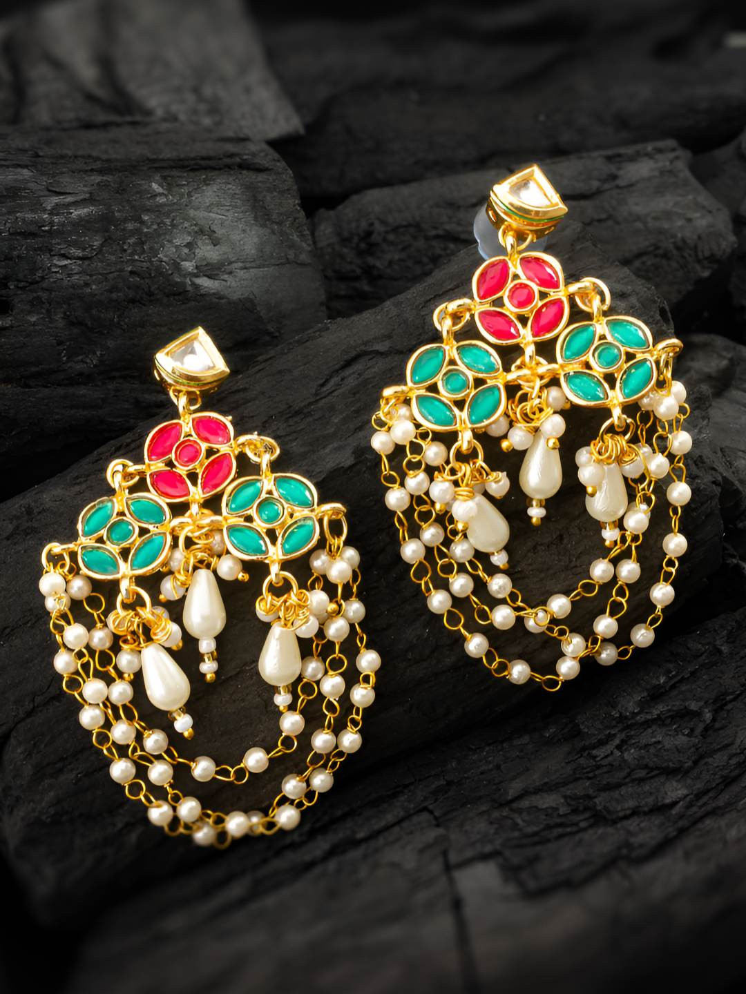 aadita Gold Plated Kundan and Pearl Geometric Drop Earrings