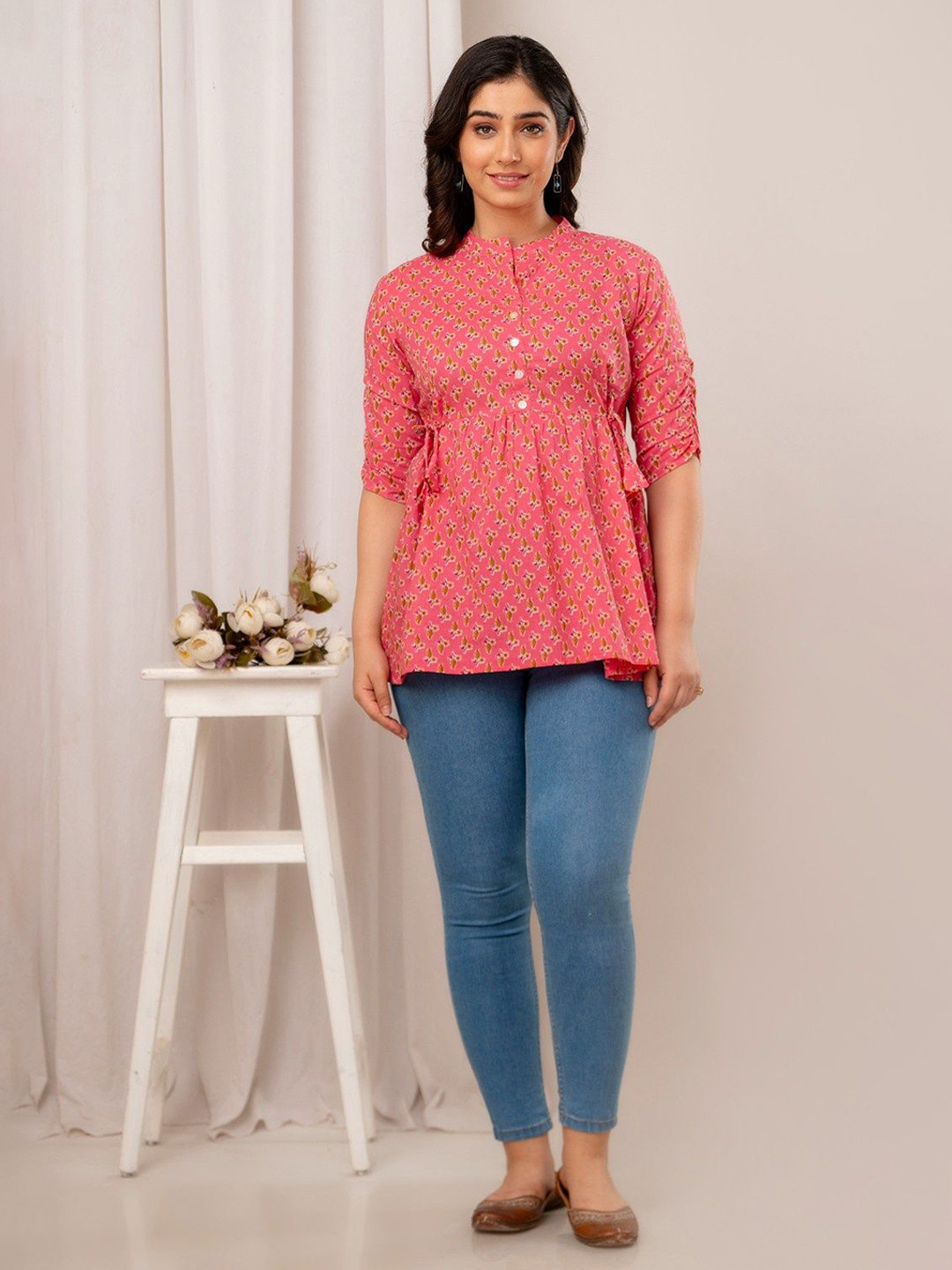 FASHION SWAG Women Floral Printed Waist Tie-Ups Mandarin Collar Cotton Top