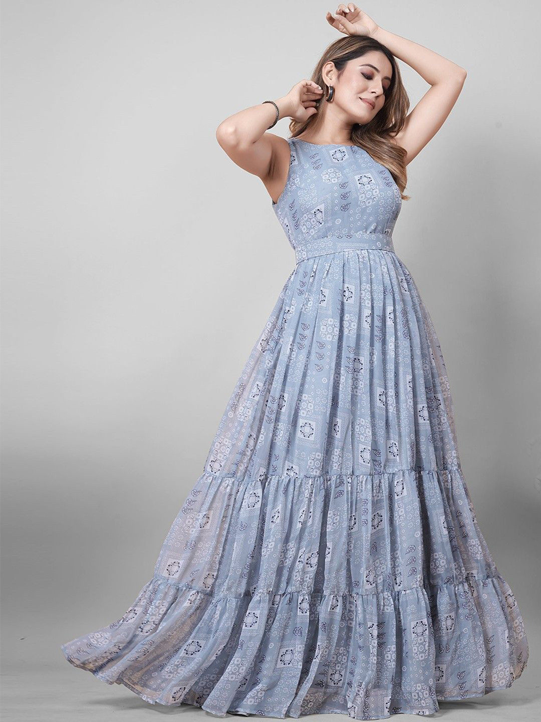 Pantos Women Floral Printed Gathered or Pleated Tiered Georgette Maxi Dress