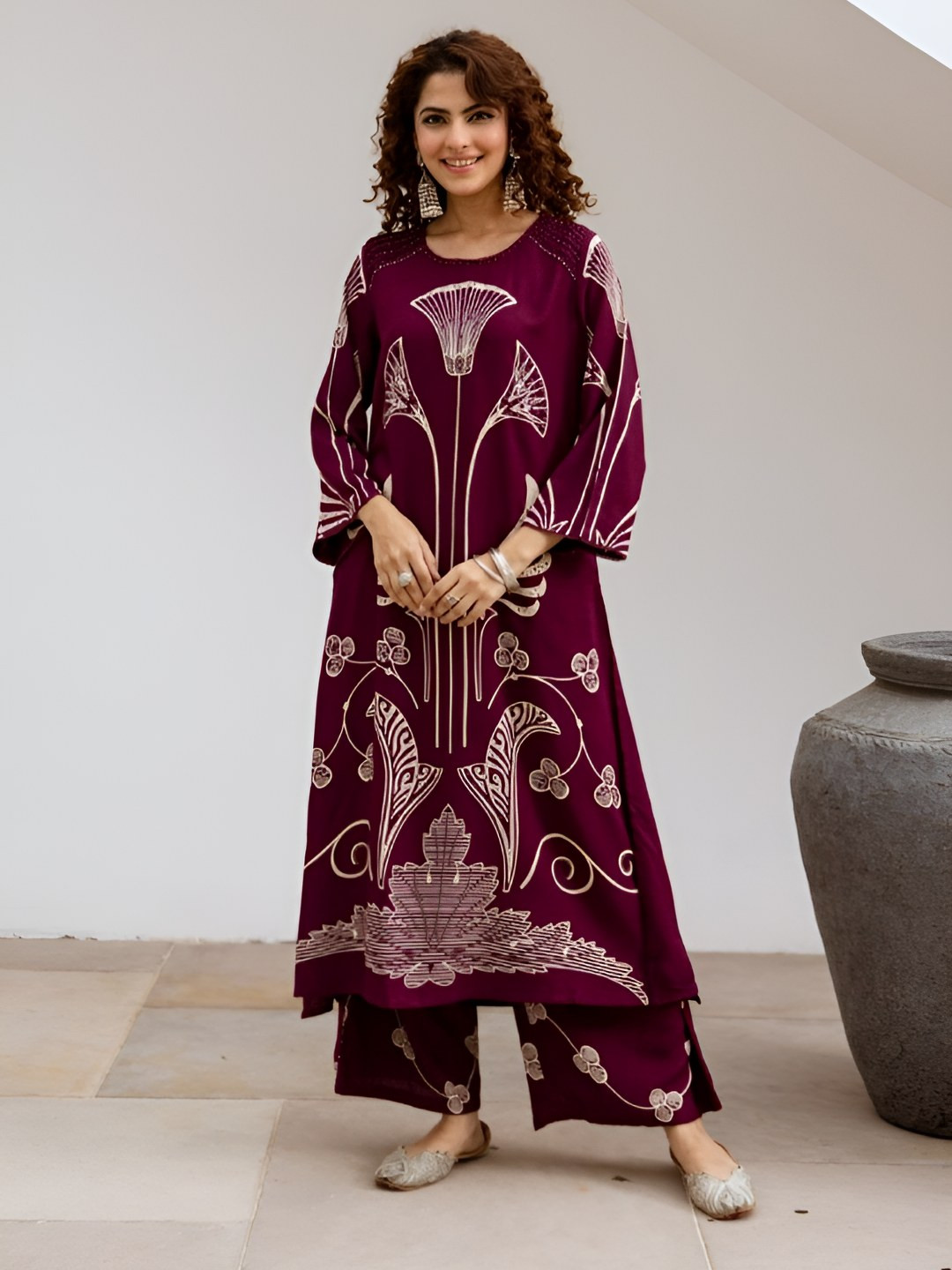 AUTUMN LANE Women Sonpal Raspberry Printed Pure Cotton Kurta pant set