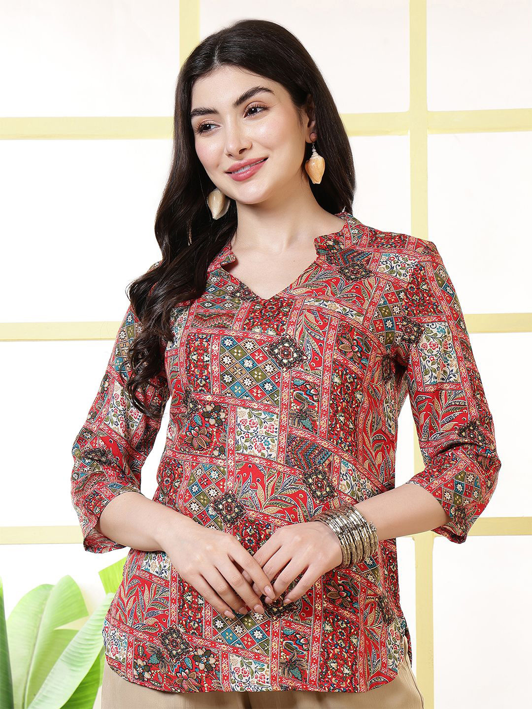 KALAMIR Ethnic Motifs Printed Mandarin Collar Top