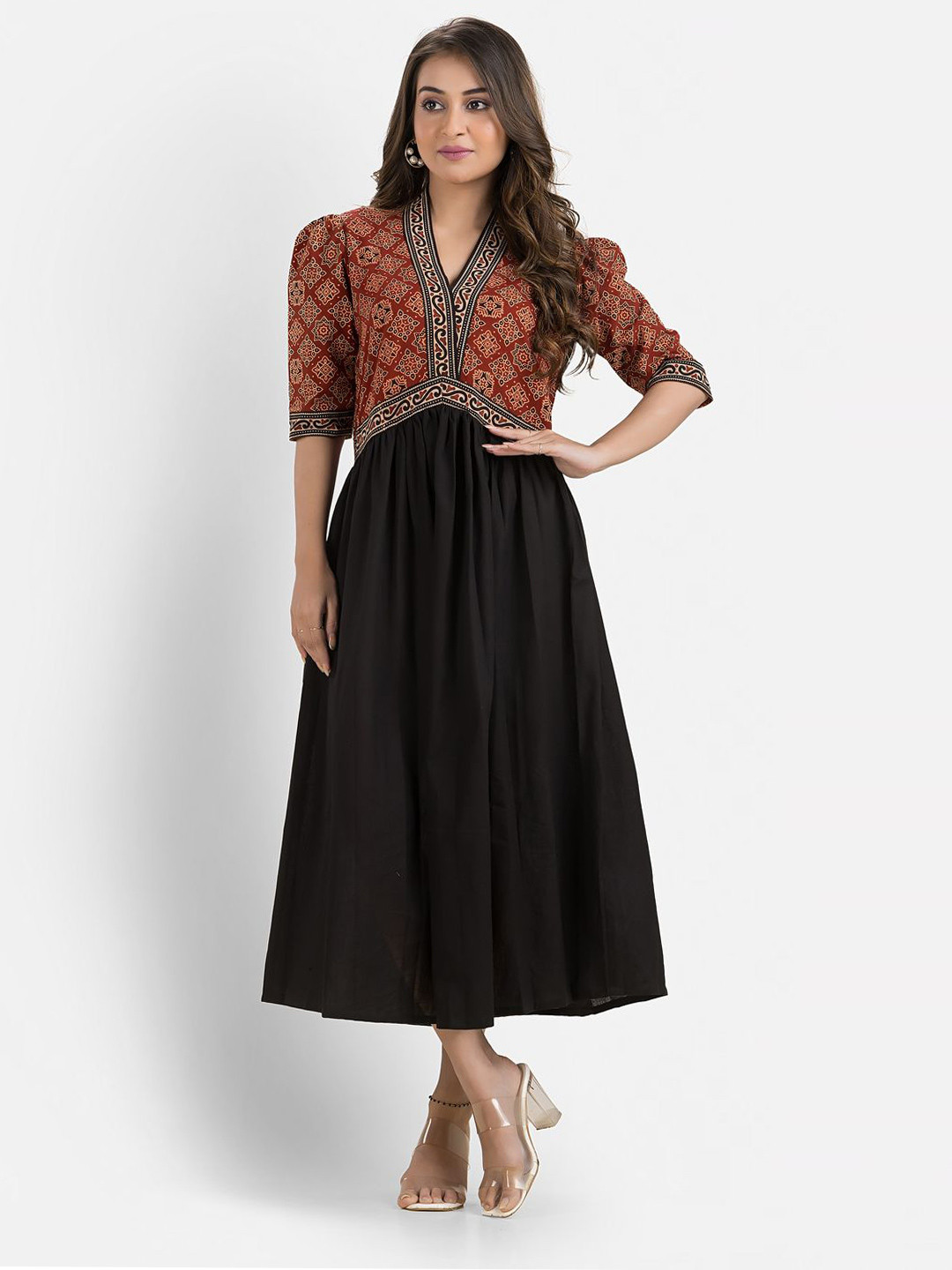 Crazy Needle Women Self Design Fit & Flare Midi Dress