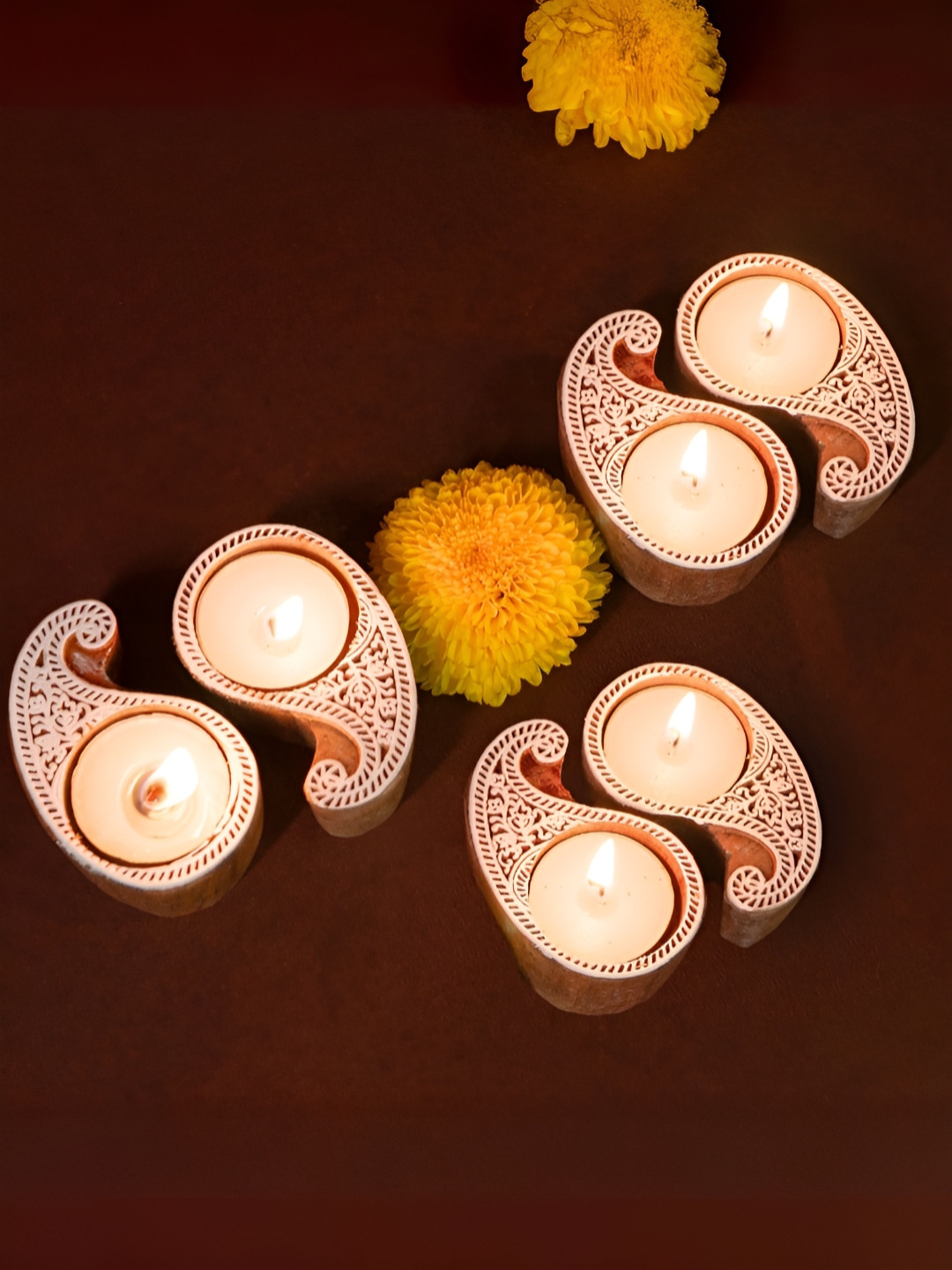 Peepul Tree Pack Of 6 Textured Wooden Tea Light Candle Holders