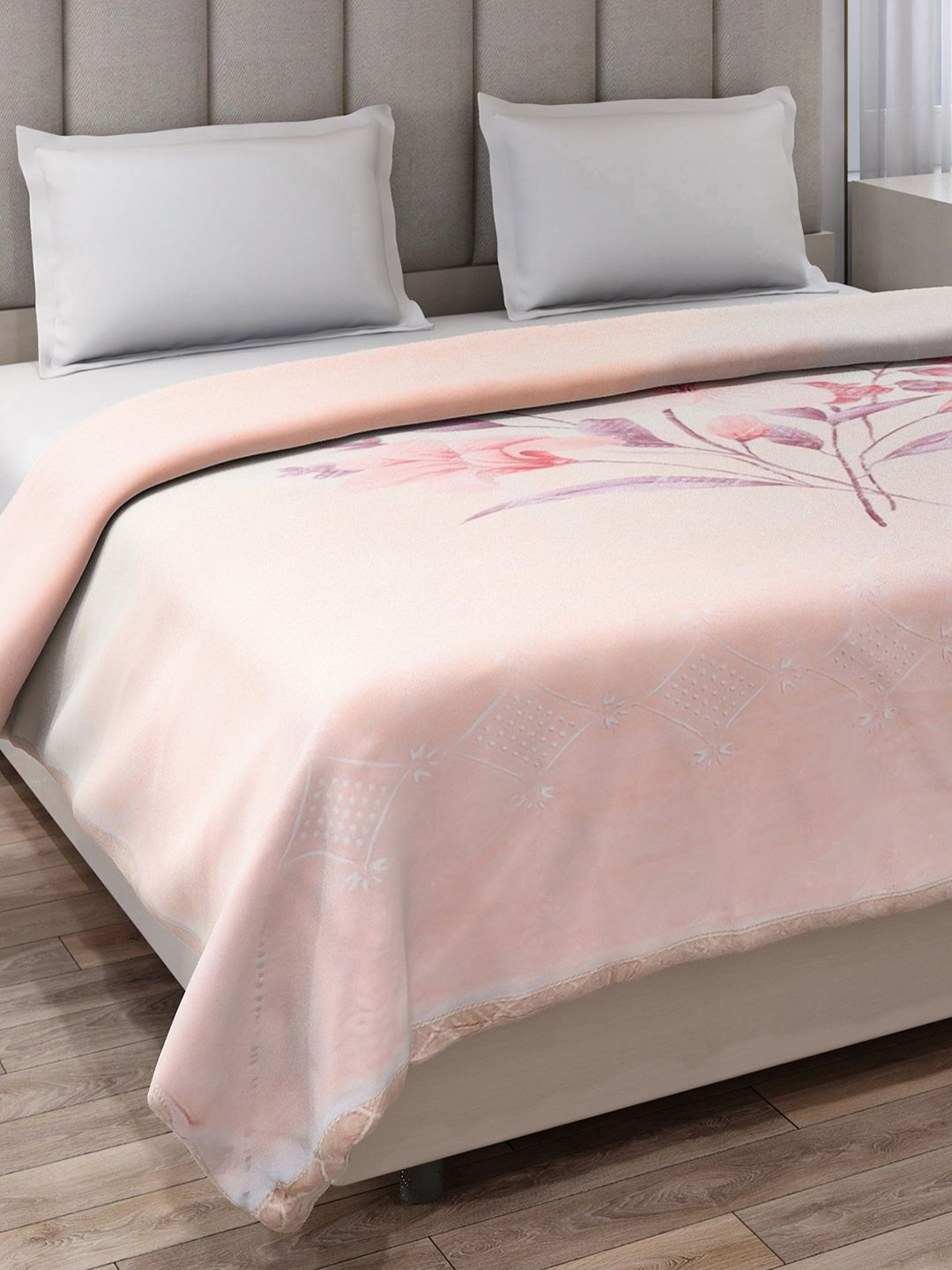 Monte Carlo Shahenshan Bl Pink Floral Printed Heavy Winter Double Bed Blanket 1136 GSM