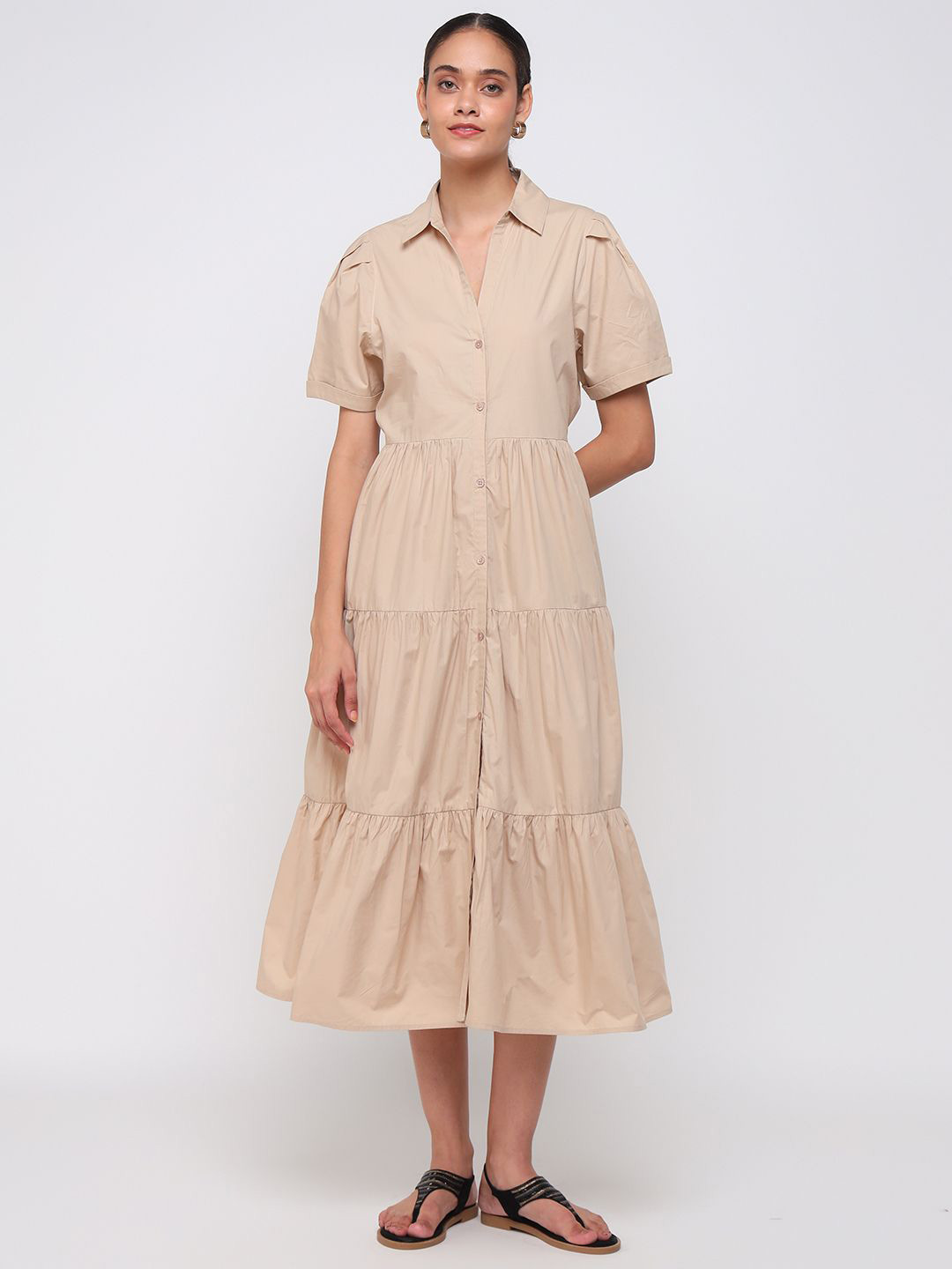 COVER STORY Women Shirt Collar Tiered Detail Shirt Midi Dress