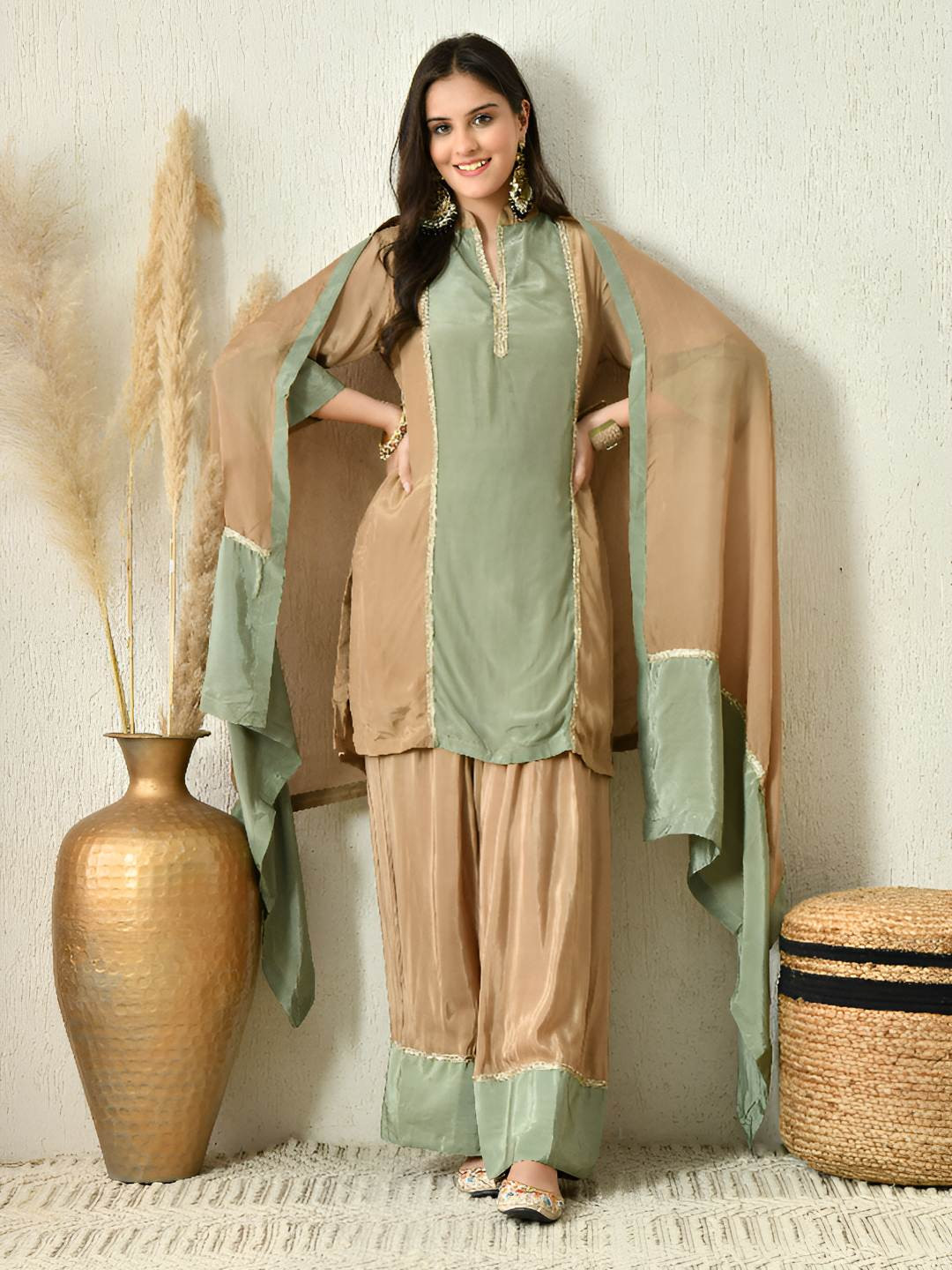 Shop Begum Women Regular Silk Crepe Kurta with Palazzos & Dupatta