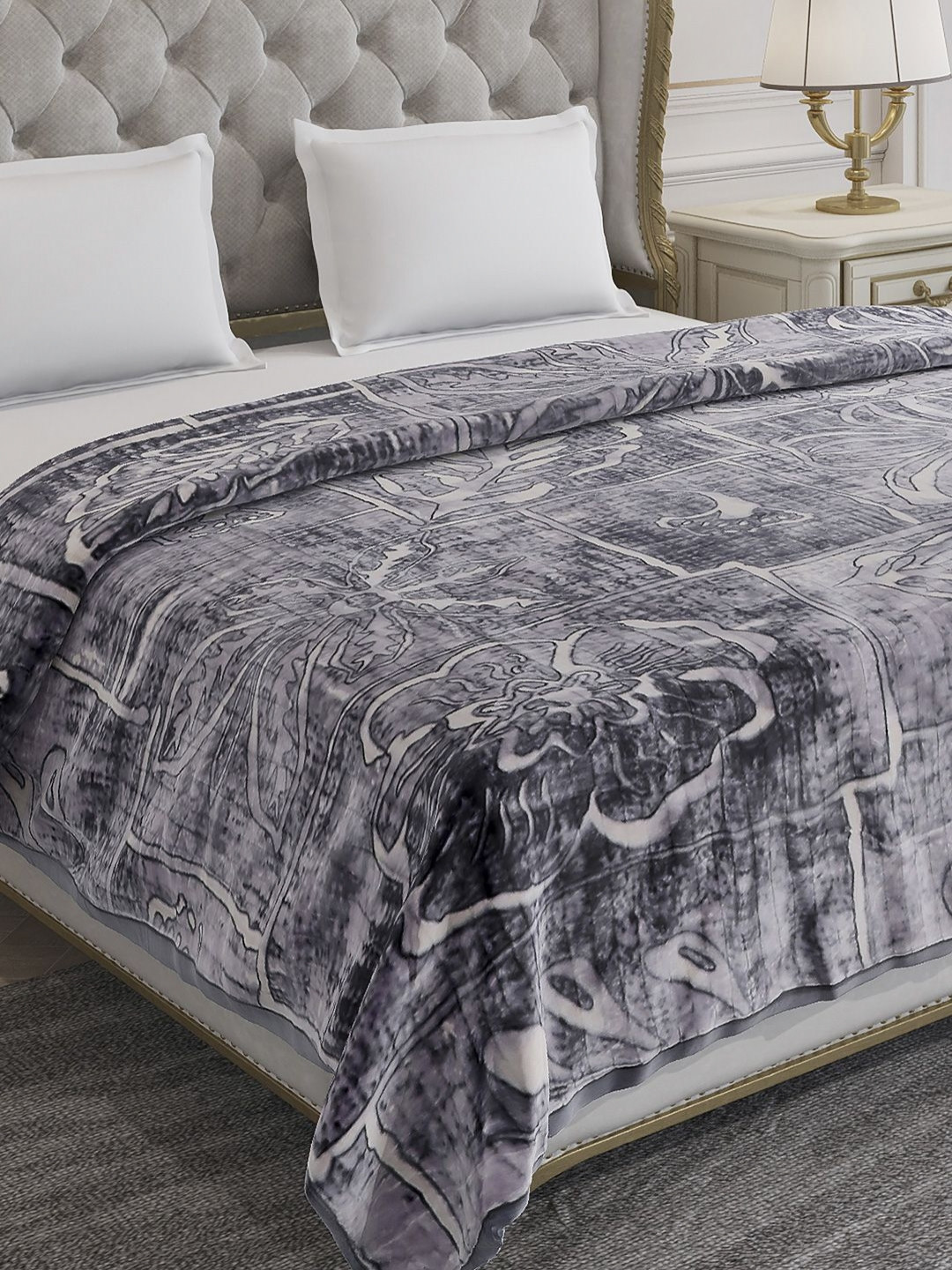 Monte Carlo Marvin Pvc Grey Floral Printed Heavy Winter Double Bed Blanket 928 GSM