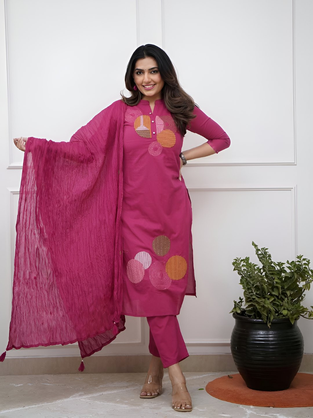 PARNAVI Embroidered Mandarin Collar Thread Work Straight Kurta With Trousers & Dupatta
