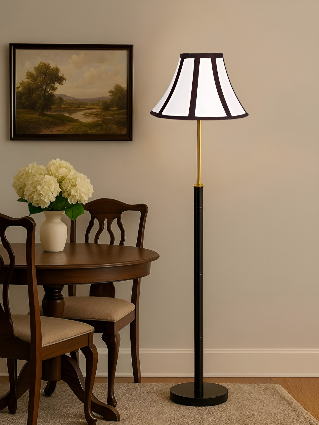 Devansh Off-White & Black Soft Back Cotton Shade With Wooden Base Floor Lamp