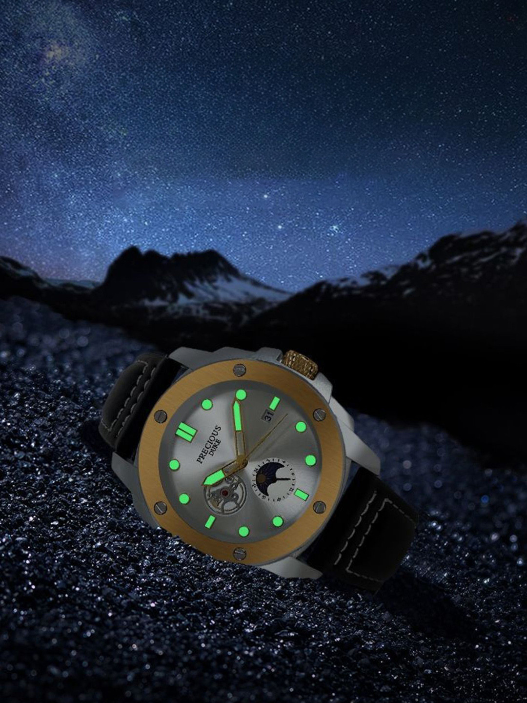 Precious Duke Men Leather Straps Analogue Watch PD_904443631408-Black-White