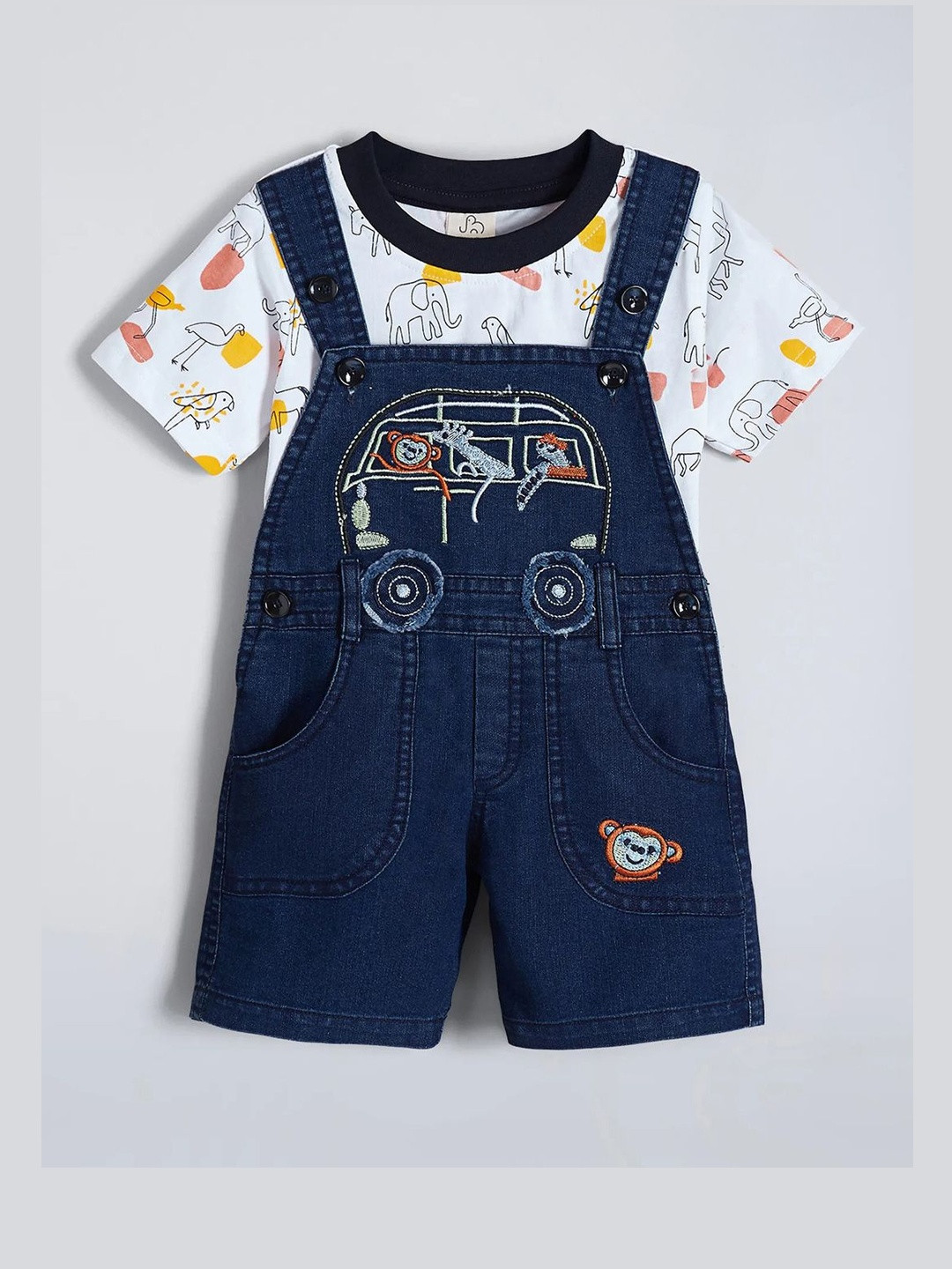 Hopscotch Boys White & Navy Blue Pure Cotton 2 Piece Animal Embroidered Dungaree Set
