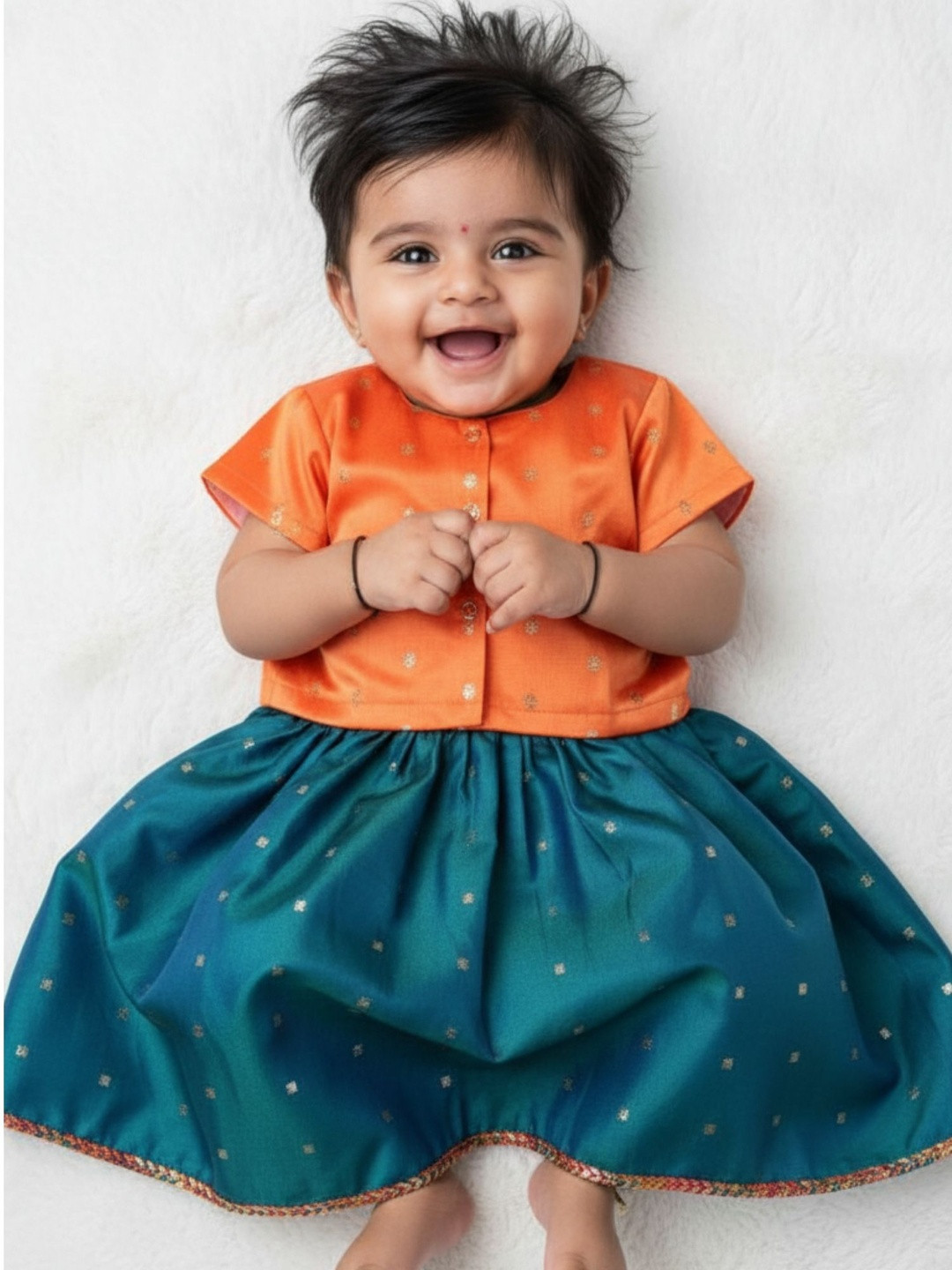 Sangria Girls Peacock Green Zari Lehenga and Orange Blouse Set