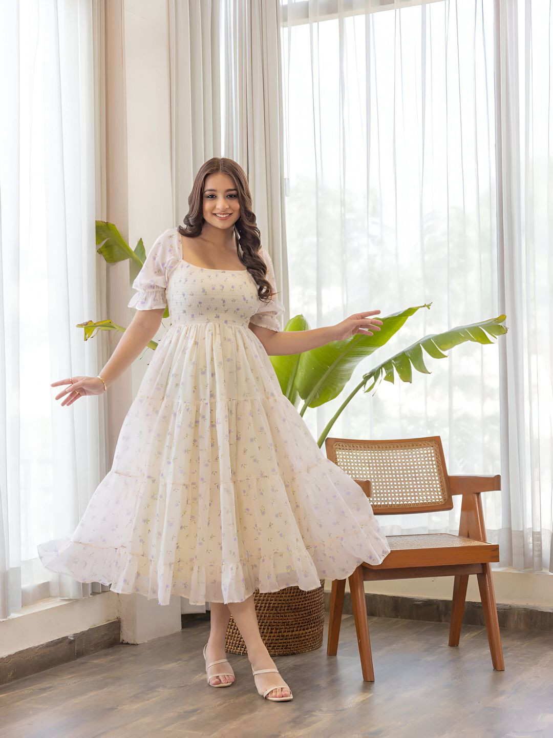 ZWERLON Women Floral Printed Smocked A-Line Tiered Midi Dresses