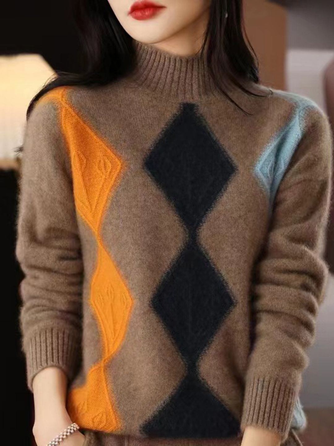 StyleCast Men Argyle Colourblocked Turtle Neck Long Sleeve Cotton Pullover