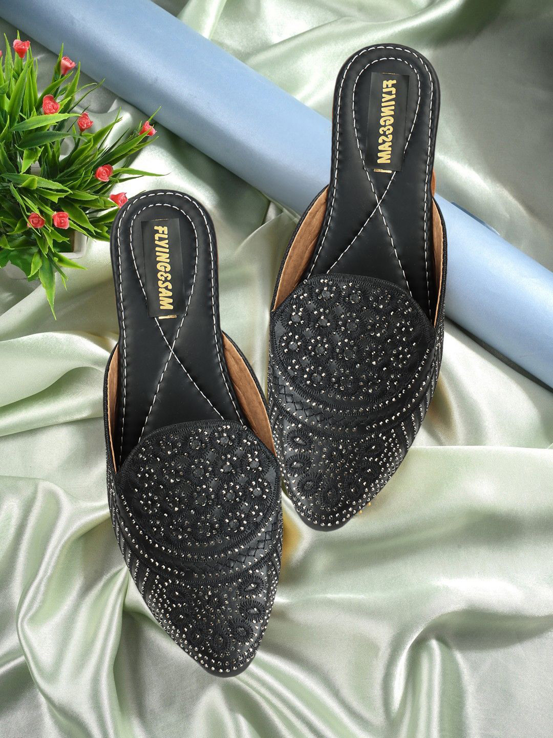 FLYING&SAM Pointed Toe Embellished Mules Flats