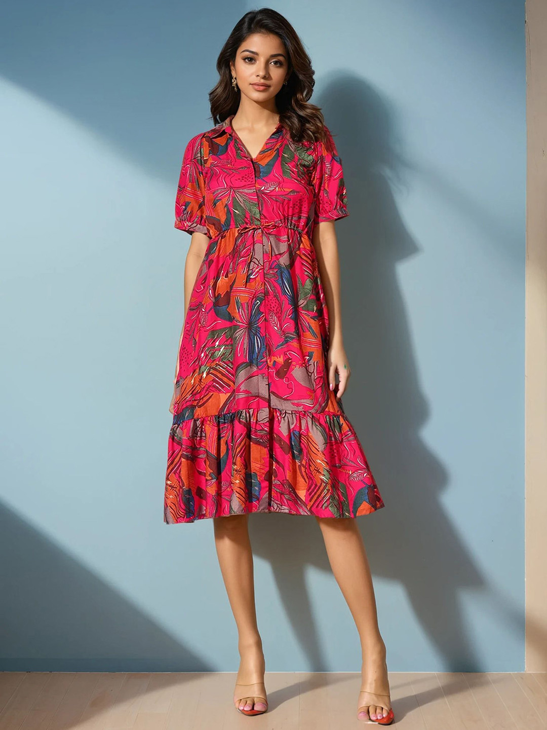 FIXOCRA Women Floral Printed V-Neck Tiered Fit and Flare Dress