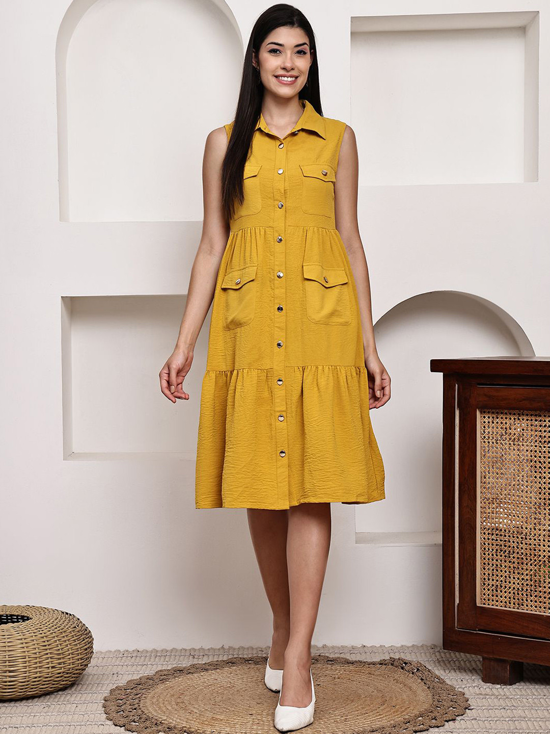 JAKANARY Women Sleeveless Shirt Dress
