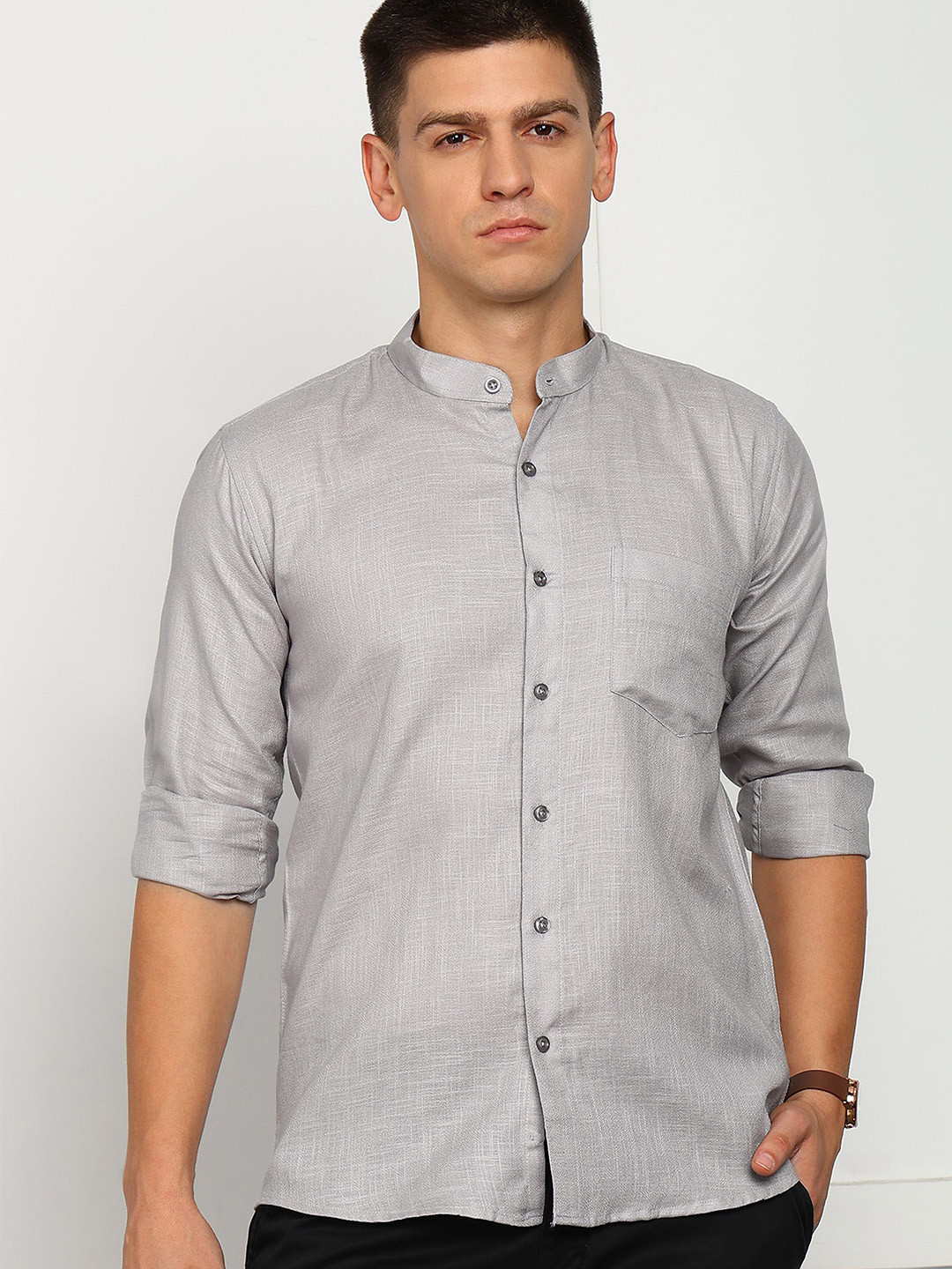 ELLIPSE Men Solid Mandarin Collar Linen Casual Shirt