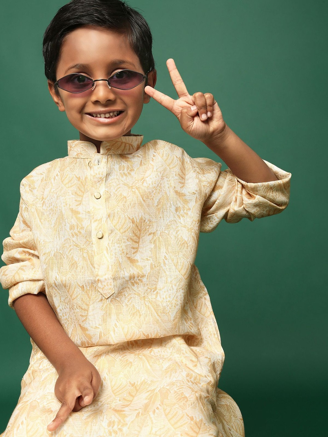 Sangria Boys Light Yellow Premium Cotton Printed Kurta Set