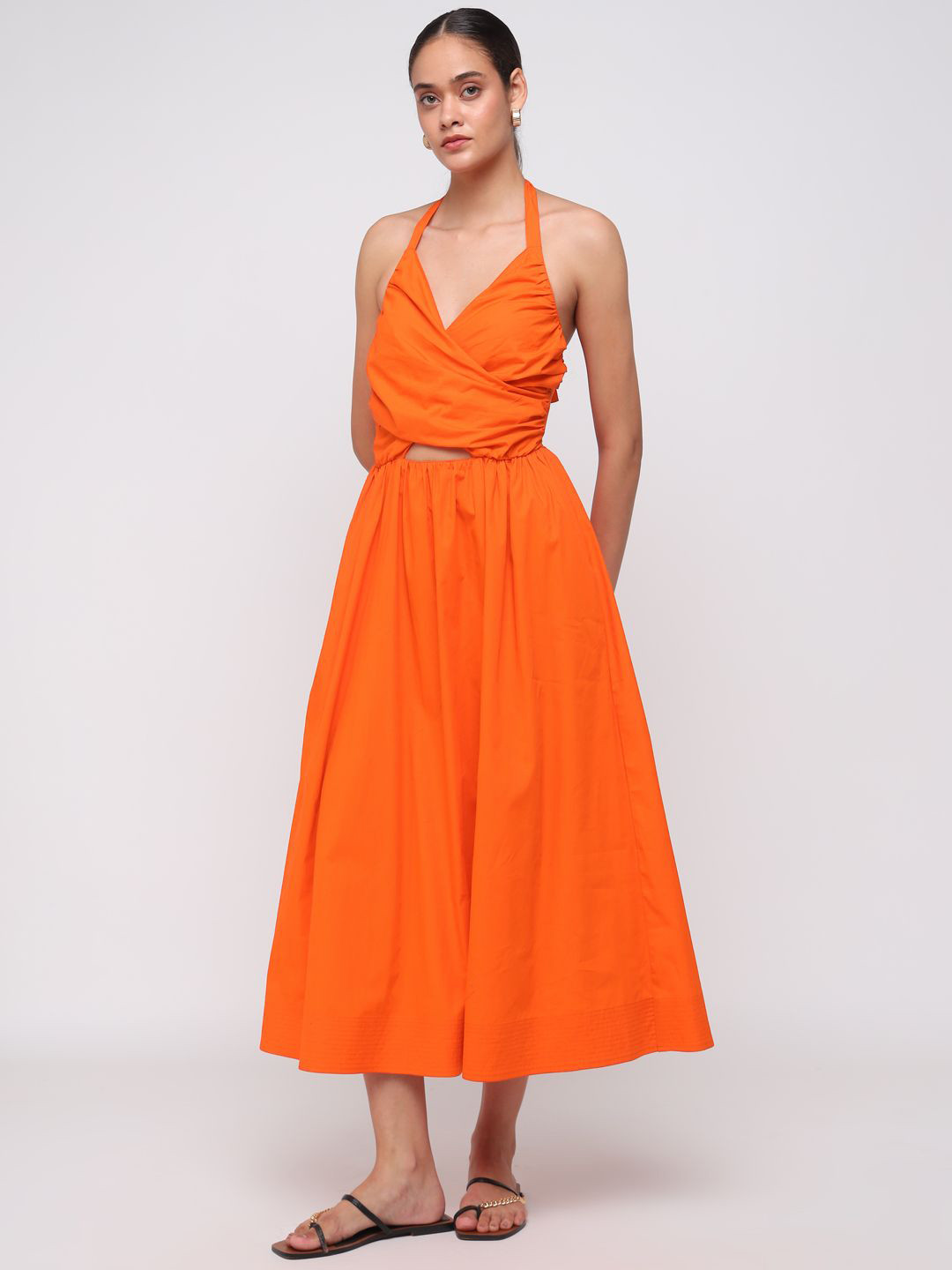 COVER STORY Halter Neck Sleeveless Saint Tropes Cut-Outs Cotton Fit and Flare Midi Dress