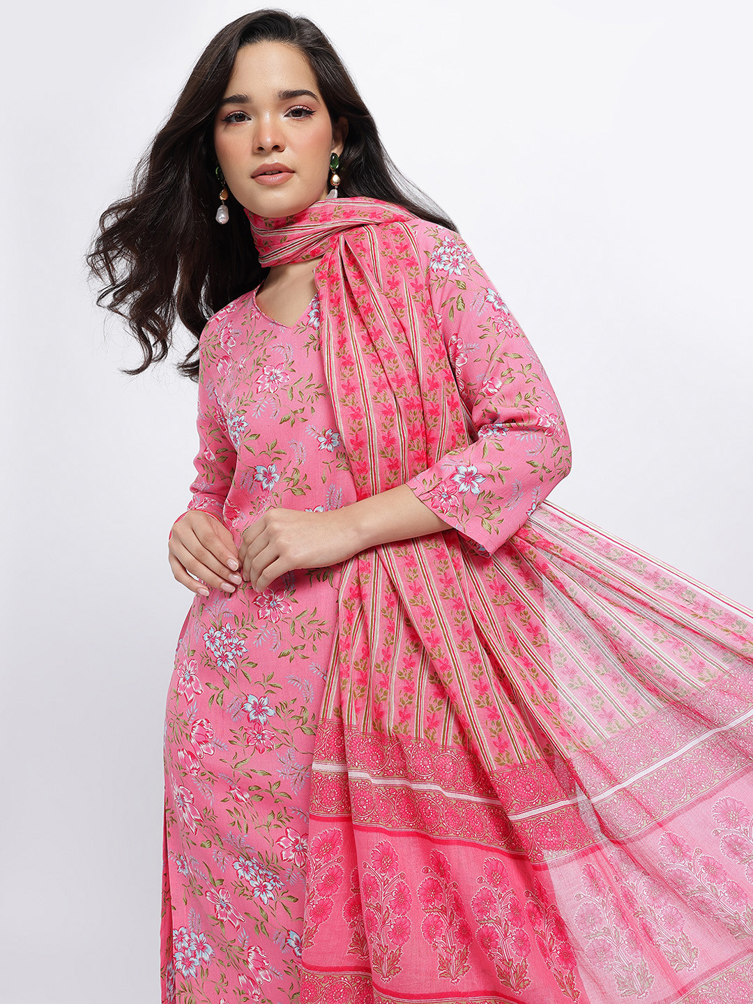 Anouk Rustic Floral Print Kurta With Trousers & Dupatta