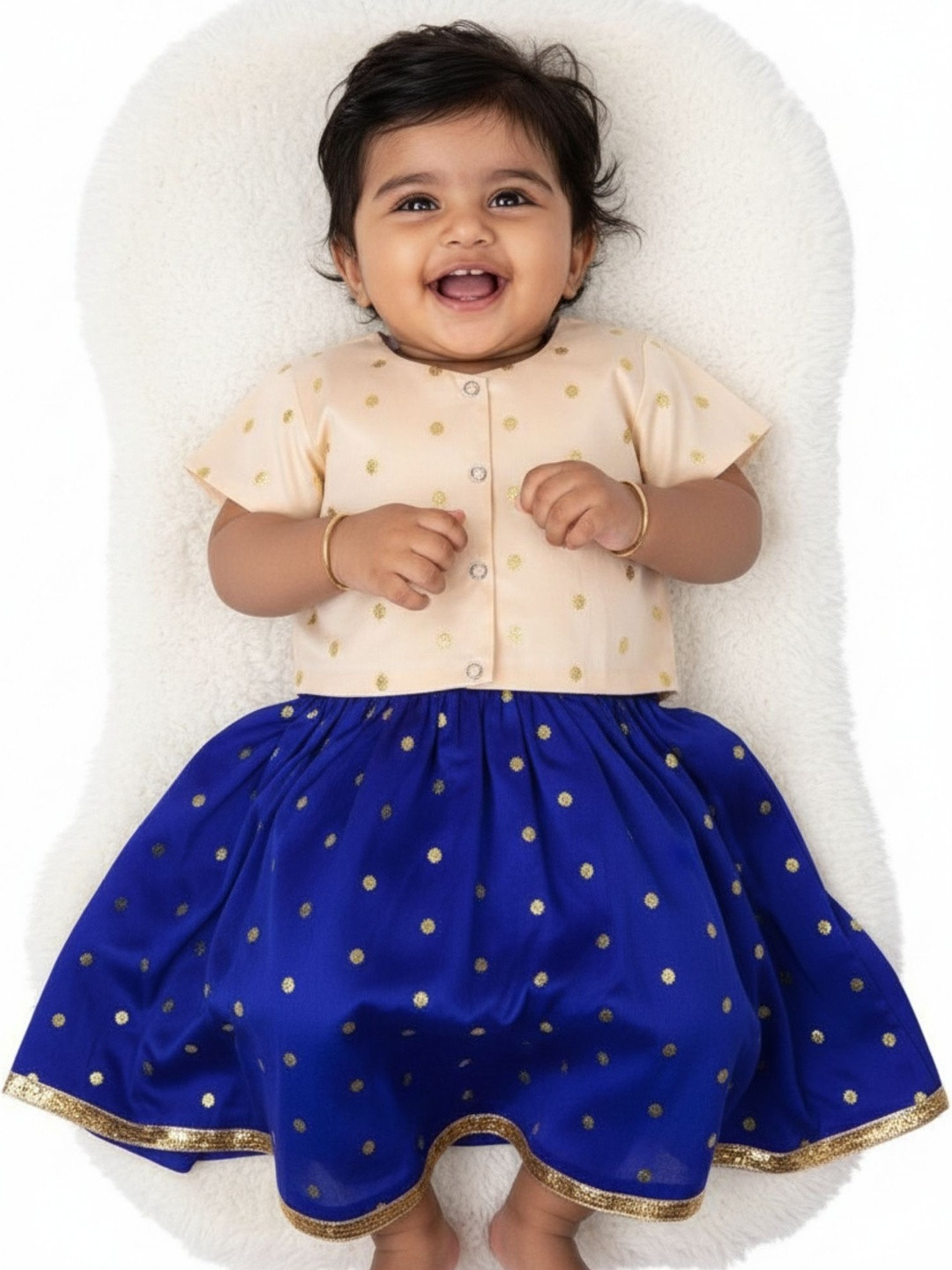 Sangria Girls Baby Girl Blue Zari Lehenga and Off White Blouse Set