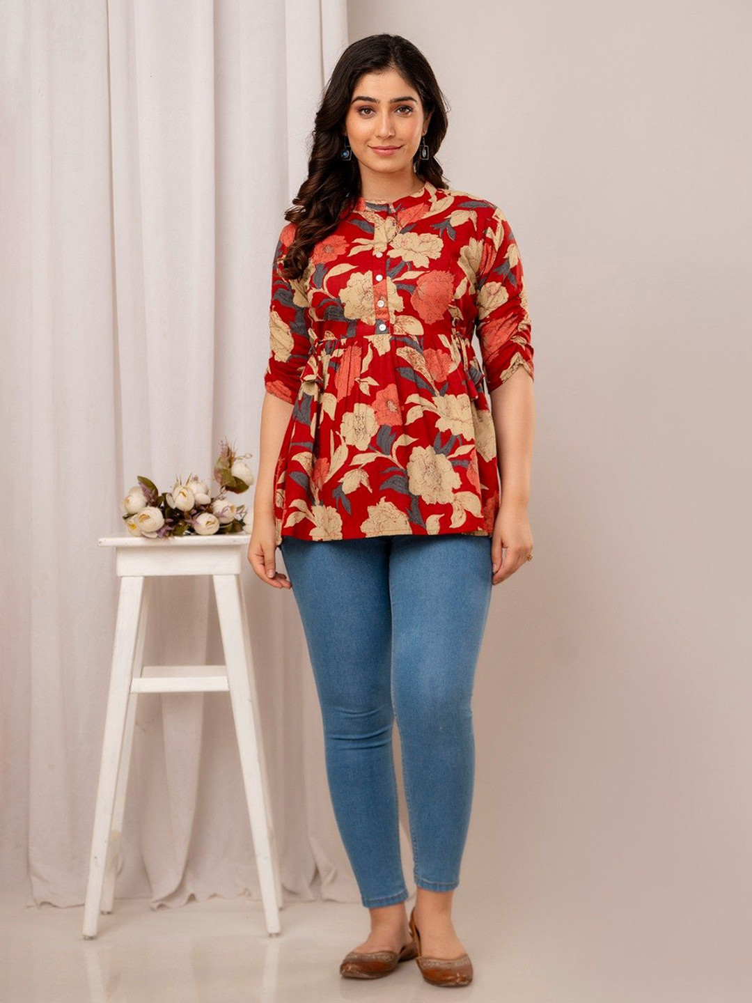 FASHION SWAG Women Floral Print Mandarin Collar Cotton Top