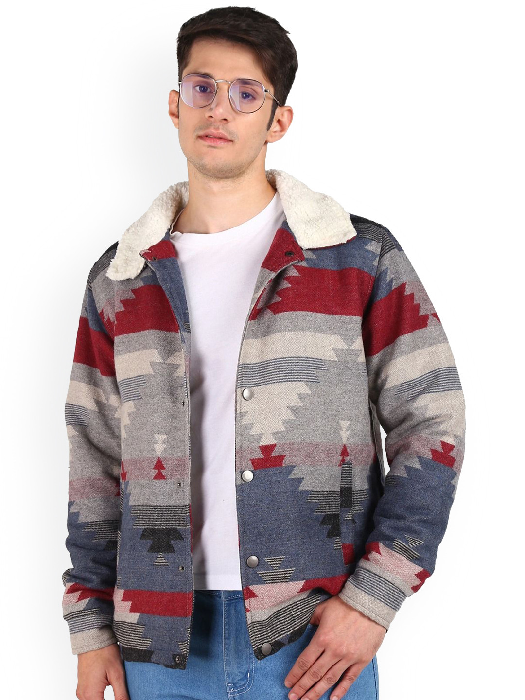 ESSENTIELE Men Lapel Collar Tribal Self Design Windcheater Sherpa Jacket
