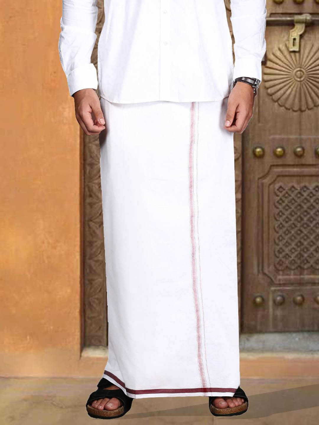 WHITE HEART Men Printed Single Layer Pure Cotton Dhoti with Coloured Border