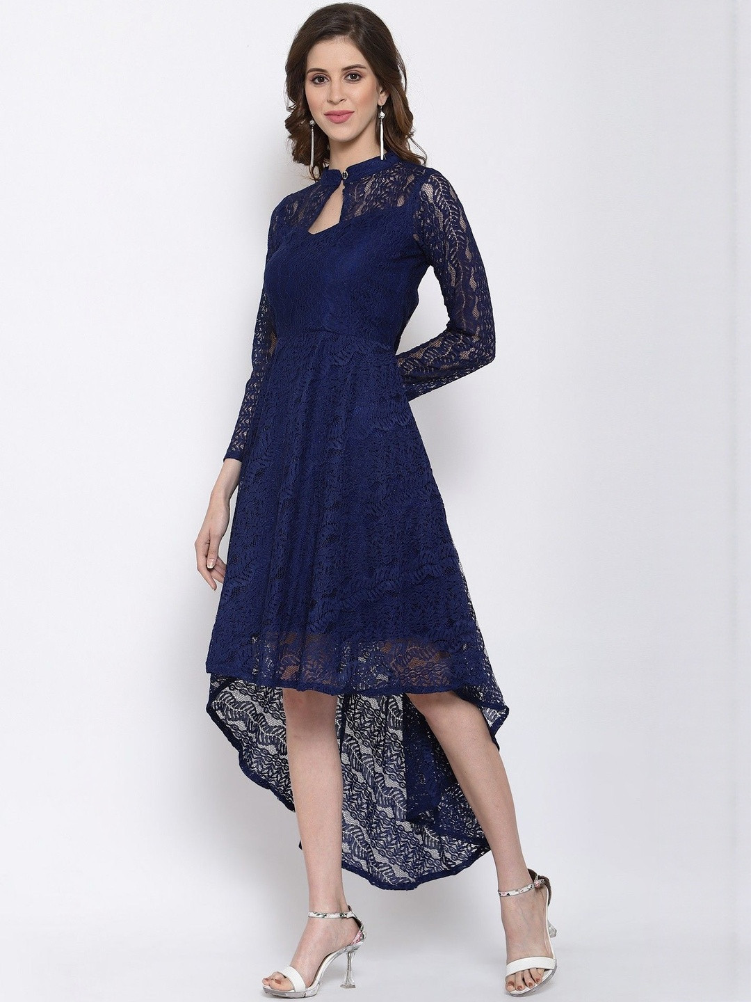 HIALTO Women Blue Coding Net With Inner High Low Dress