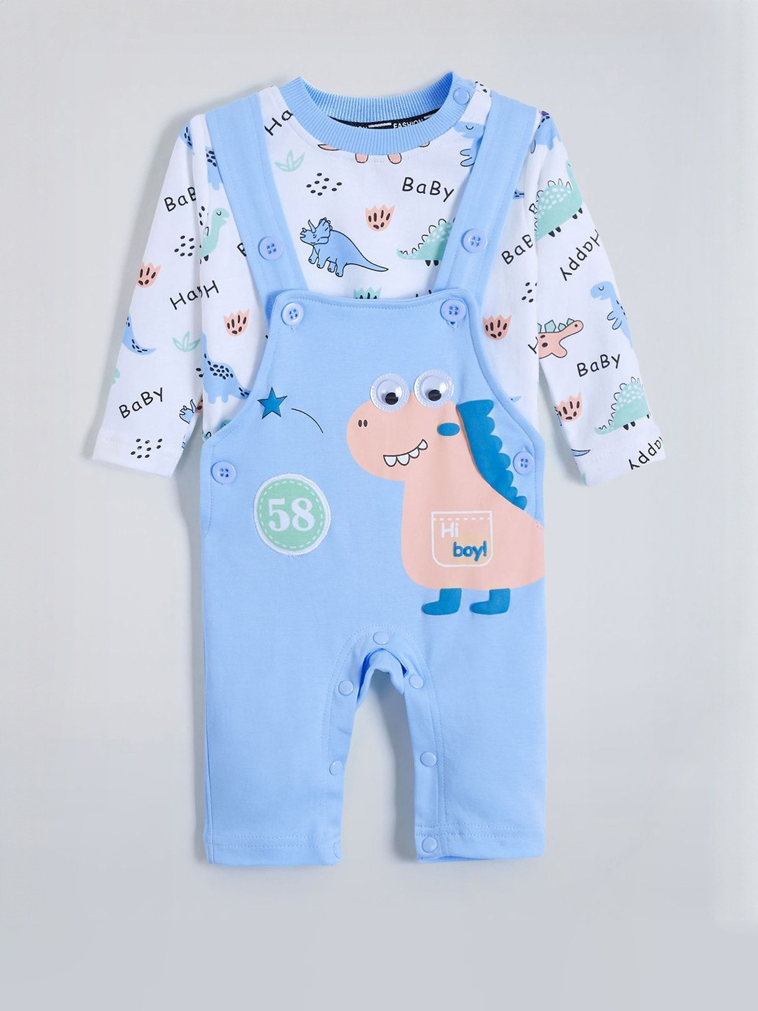 Hopscotch Unisex Kids White & Blue Pure Cotton Printed T-shirt Overall Clothing Set