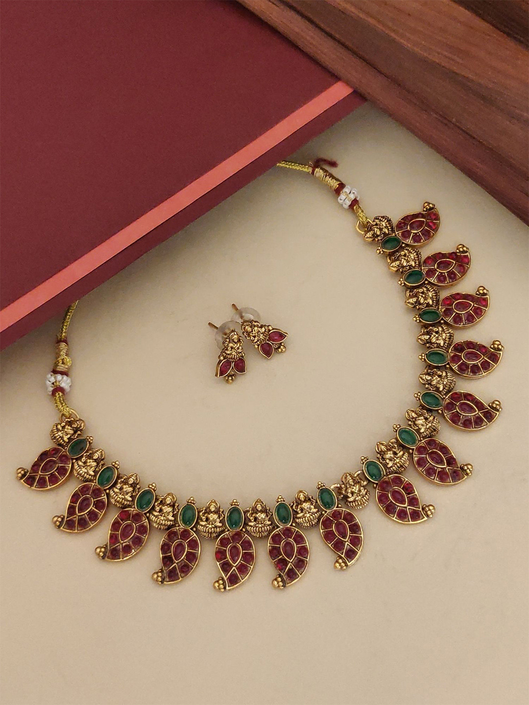 ABDESIGNS Gold-Plated Meenakari Red Leaf Necklace and Earrings