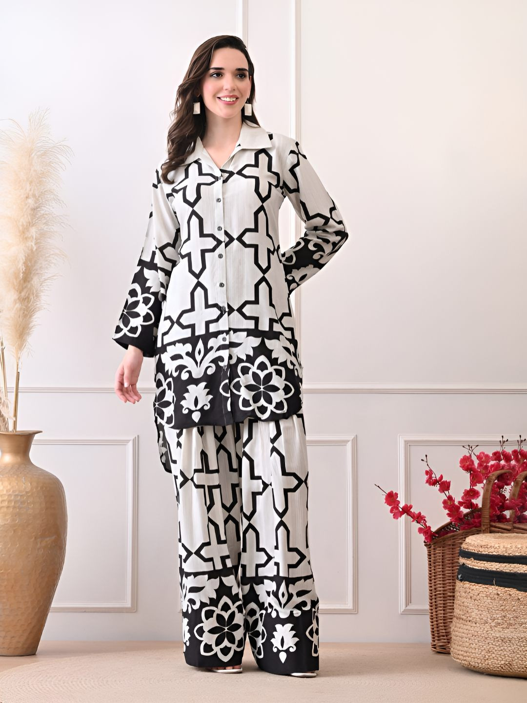 Shop Begum Women Geometric Printed Pure Cotton Kurta with Palazzo